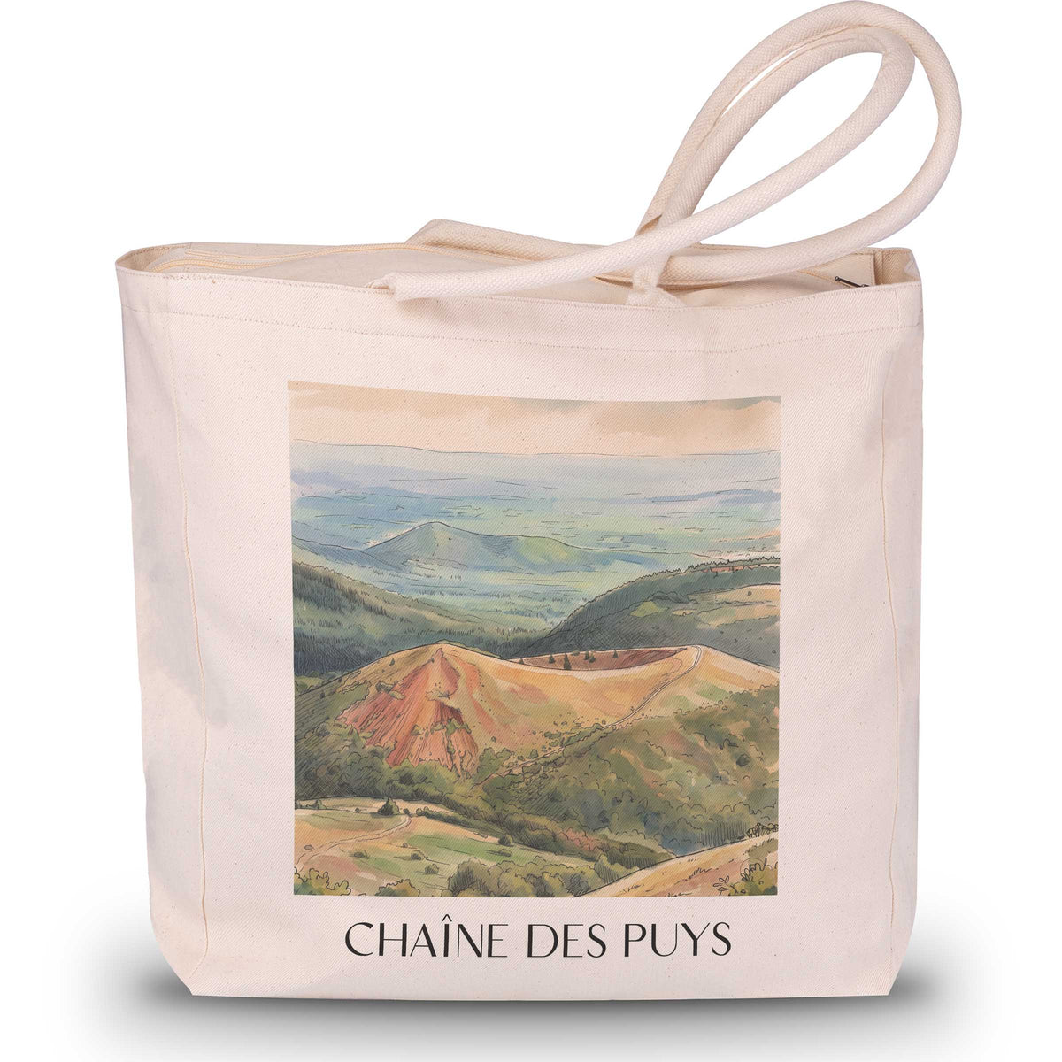 chaîne-des-puys-puy-de-dôme-frankreich-einkaufstasche-aquarell