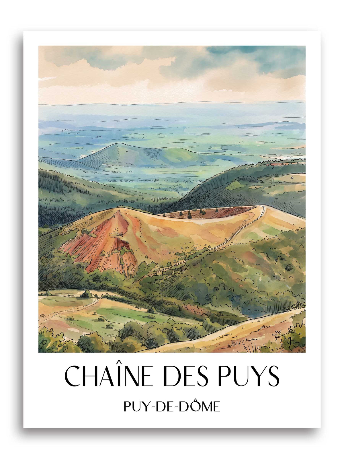 chaîne-des-puys-puy-de-dôme-frankreich-poster-aquarell