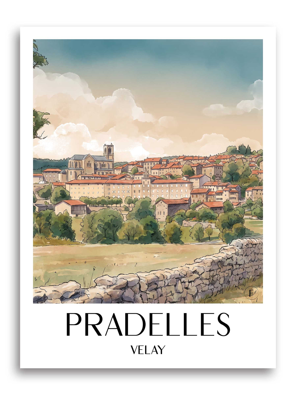Pradelles Poster - Velay - Frankreich Kunstdruck - Aquarell von A4 bis A1