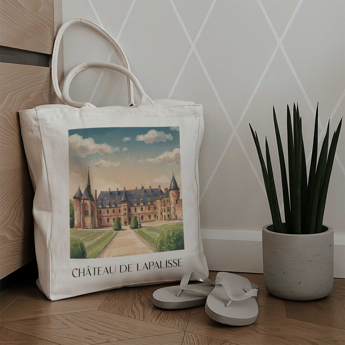 château-de-lapalisse-allier-frankreich-einkaufstasche-aquarell