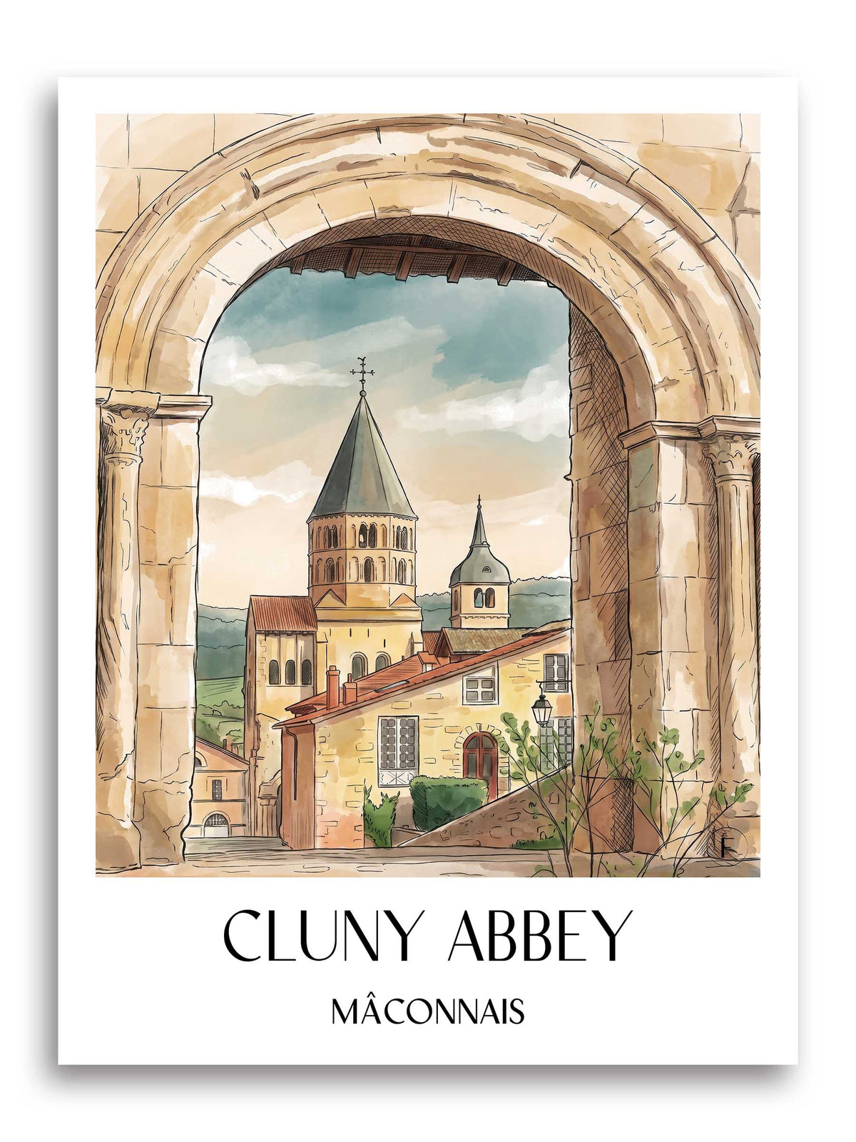 Abbaye de Cluny Poster - Mâconnais - Frankreich Kunstdruck - Aquarell von A4 bis A1