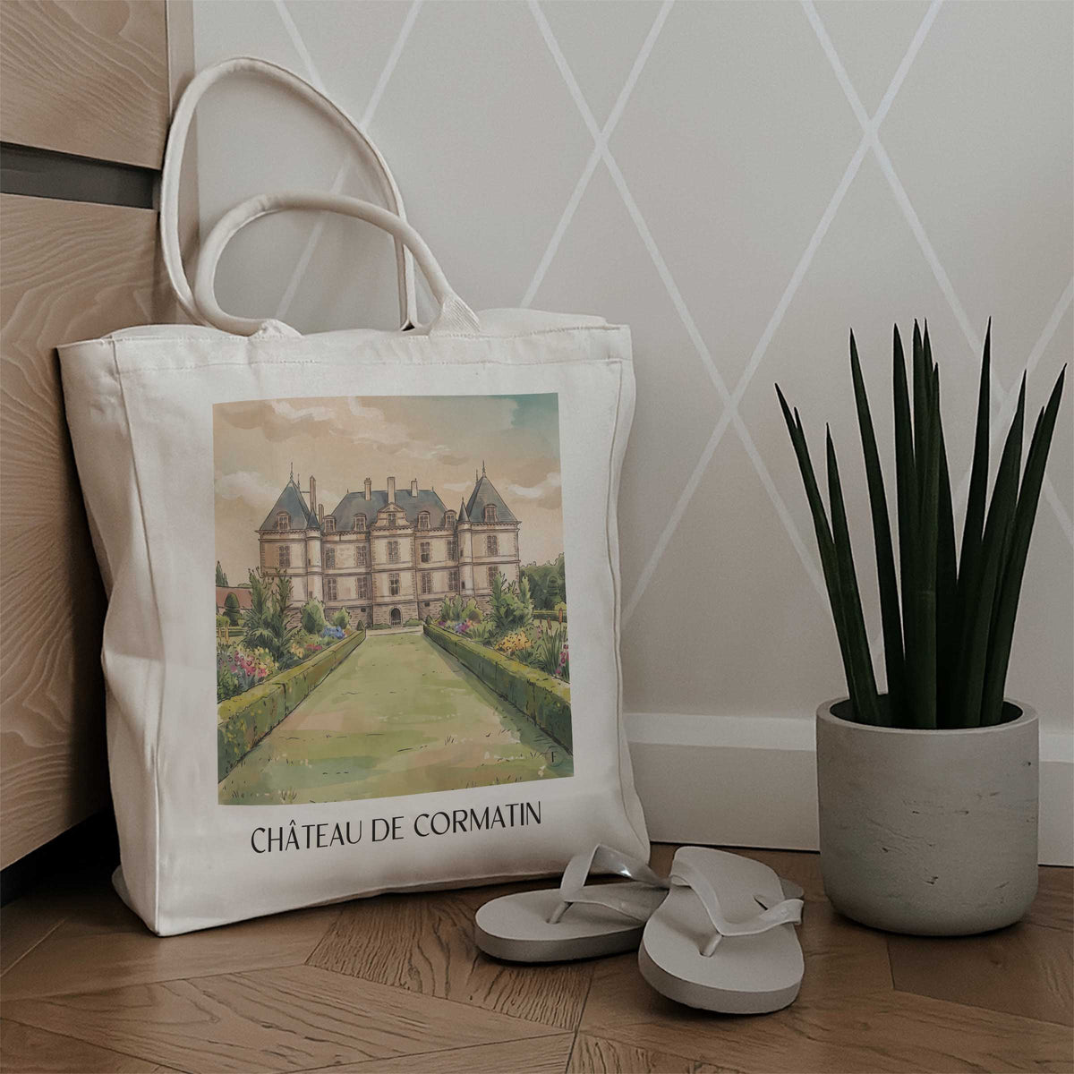 château-de-cormatin-tournugeois-frankreich-einkaufstasche-aquarell