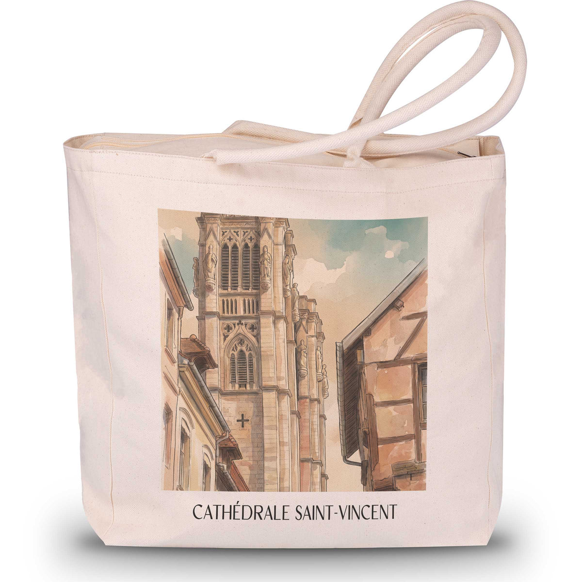 cathédrale-saint-vincent-chalon-sur-saône-frankreich-einkaufstasche-aquarell
