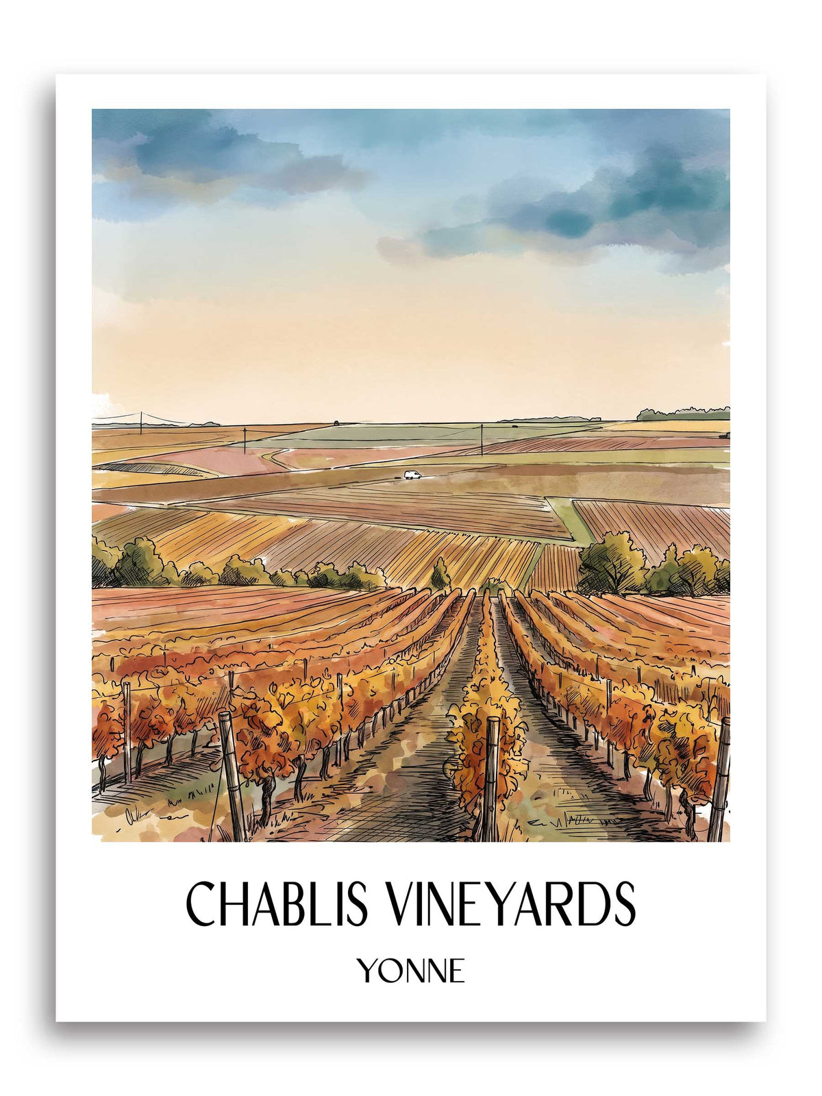 Vignoble de Chablis Poster - Yonne - Frankreich Kunstdruck - Aquarell von A4 bis A1