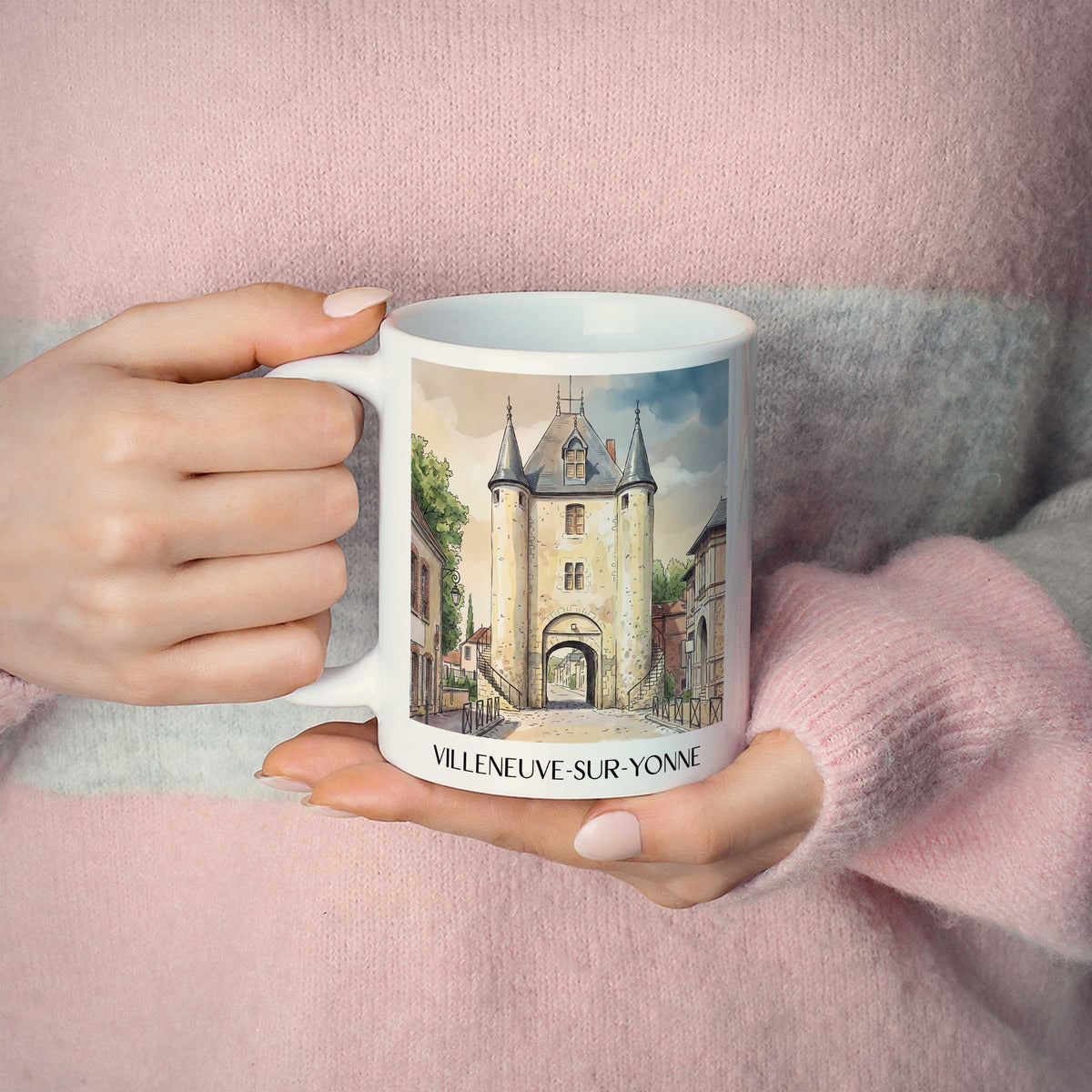 villeneuve-sur-yonne-vallée-de-l'yonne-frankreich-kaffeebecher-aquarell