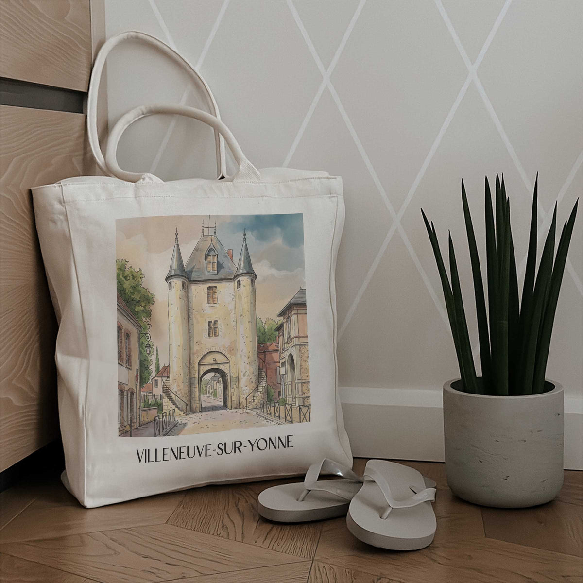 villeneuve-sur-yonne-vallée-de-l'yonne-frankreich-einkaufstasche-aquarell
