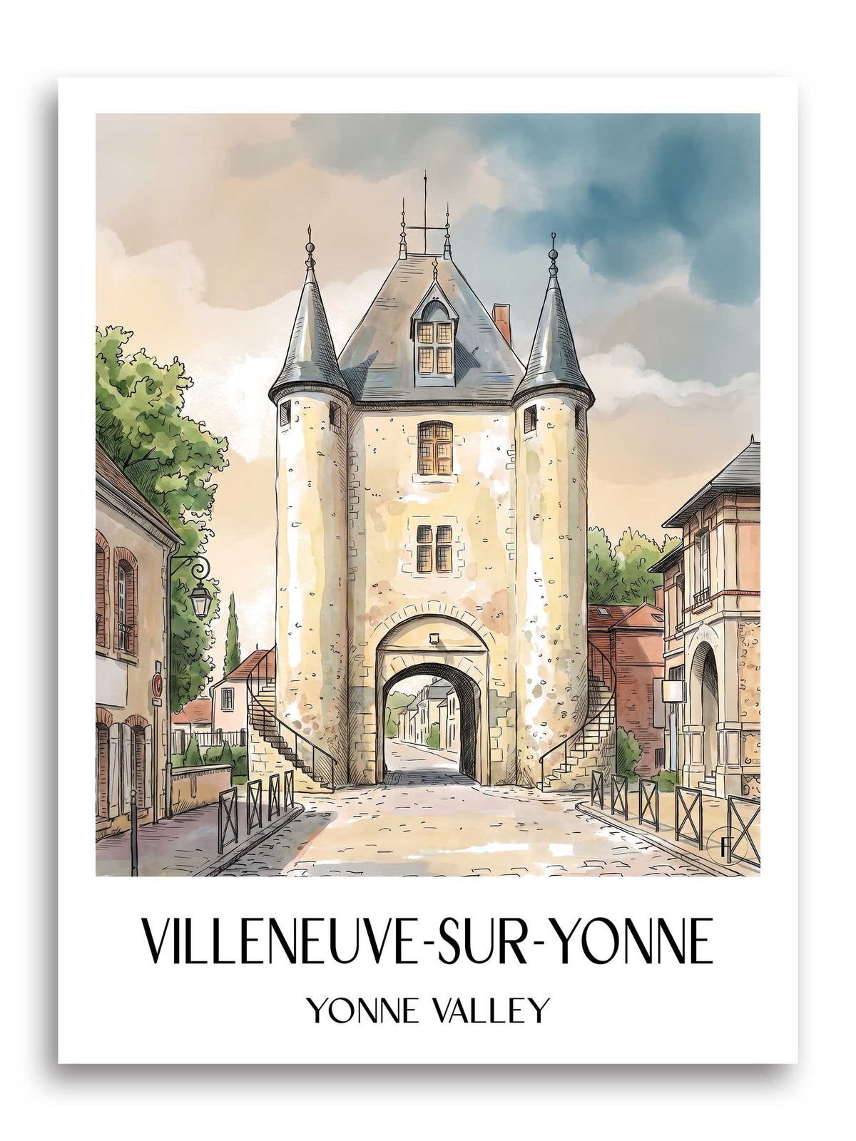 Villeneuve-sur-Yonne Poster - Vallée de l'Yonne - Frankreich Kunstdruck - Aquarell von A4 bis A1