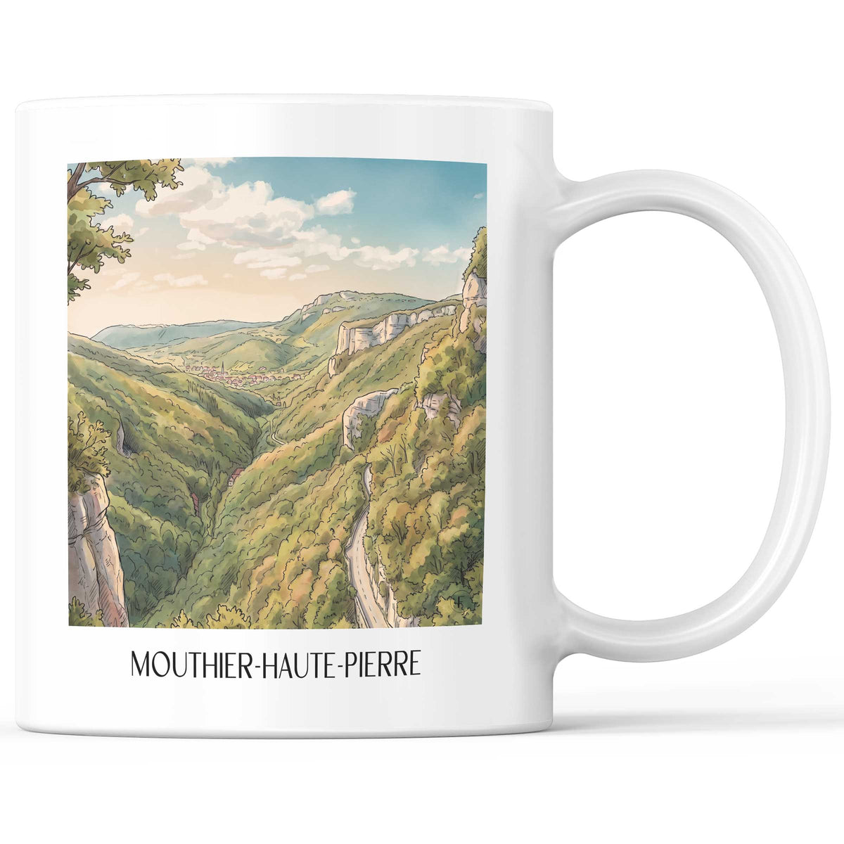 Mouthier-Haute-Pierre Kaffeebecher - Vallée de la Loue - Frankreich Becher - Kaffeetasse im Aquarell Stil