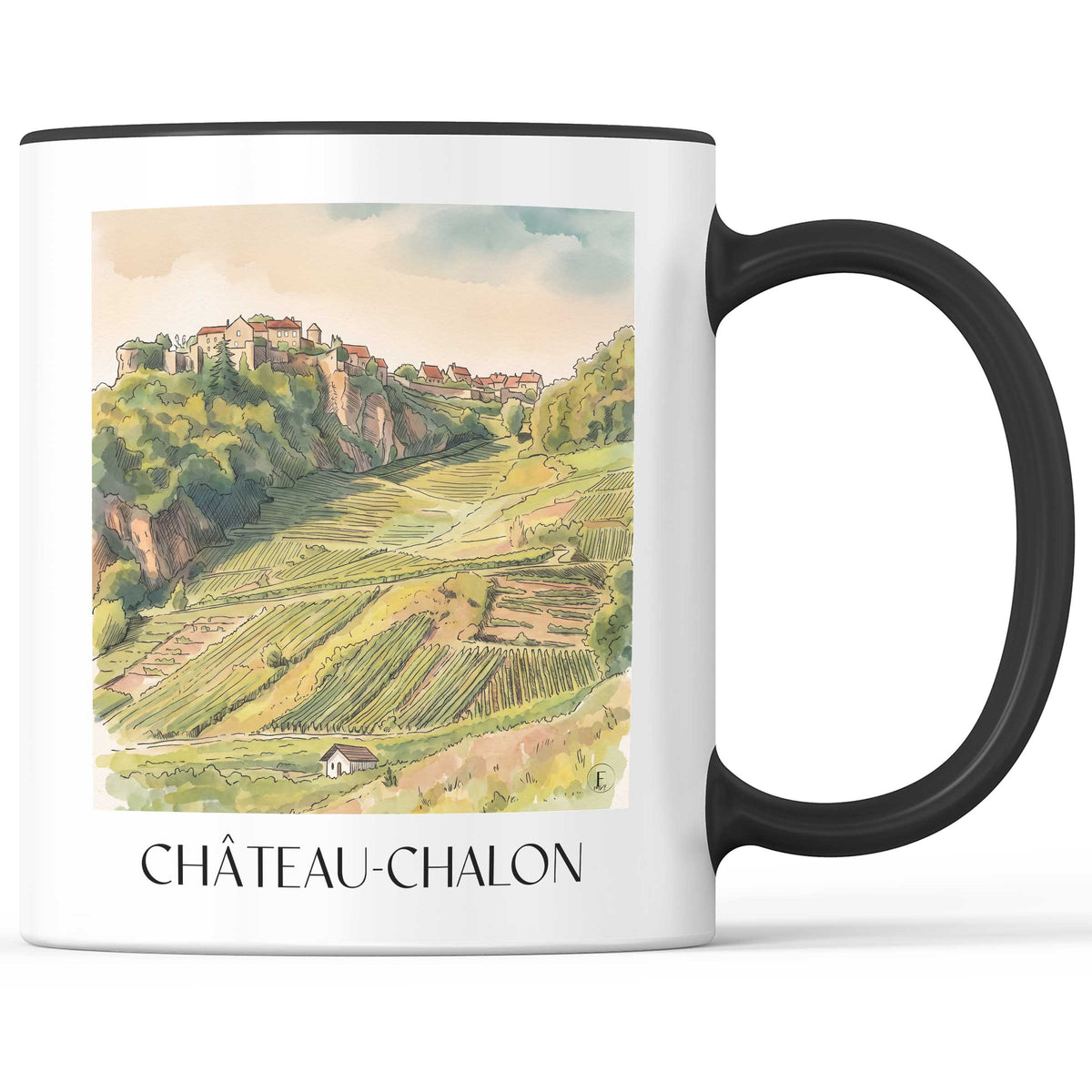 Château-Chalon Kaffeebecher - Vignoble du Jura - Frankreich Becher - Kaffeetasse im Aquarell Stil