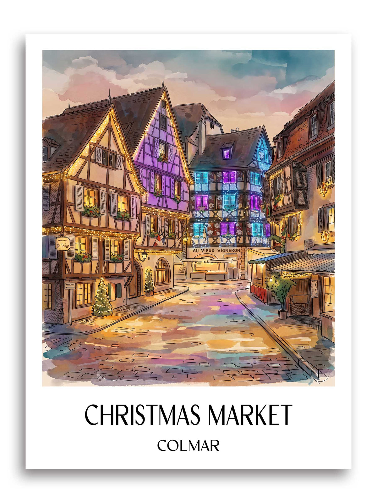 Marché de Noël Poster - Colmar - Frankreich Kunstdruck - Aquarell von A4 bis A1