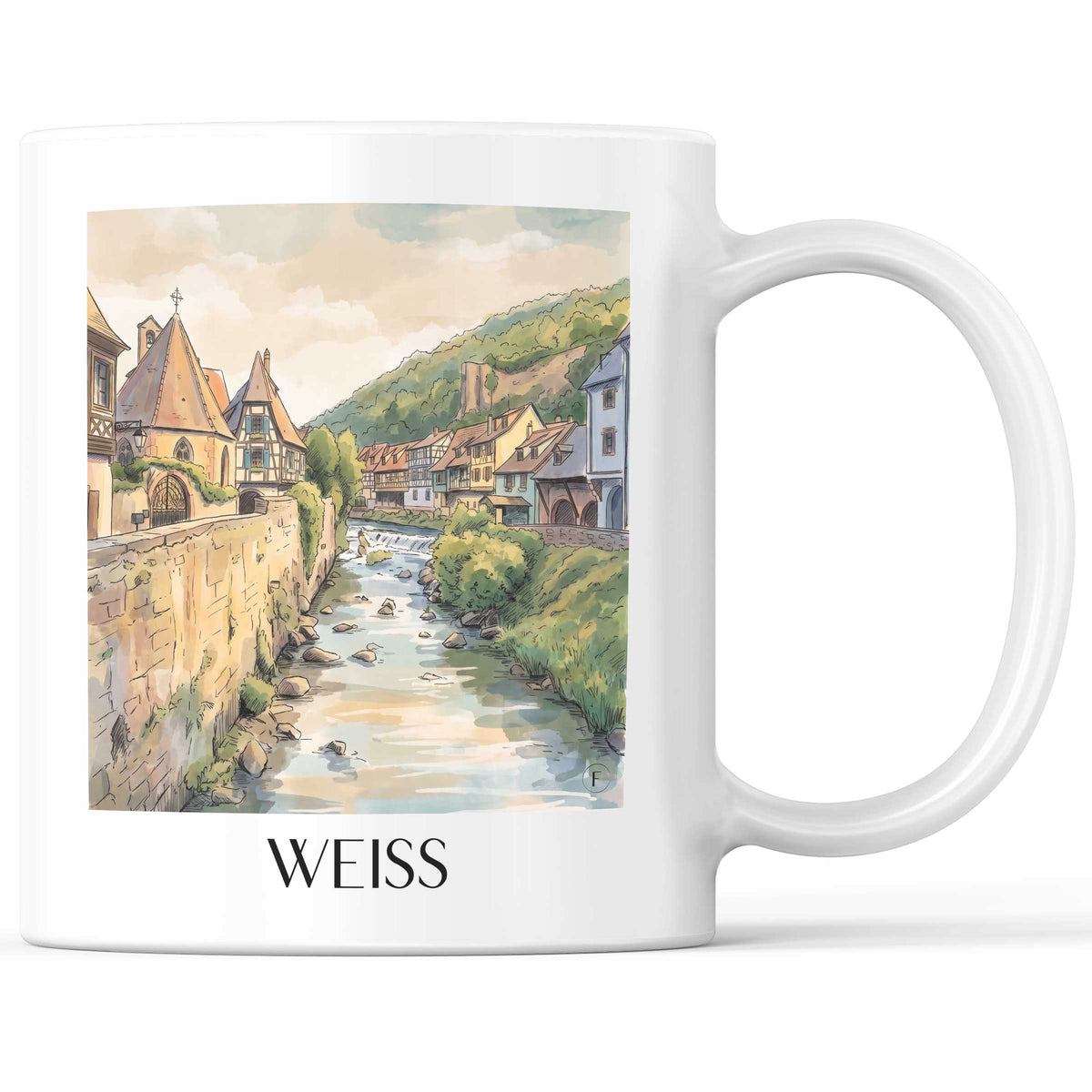 Weiss Kaffeebecher - Kayserberg - Frankreich Becher - Kaffeetasse im Aquarell Stil