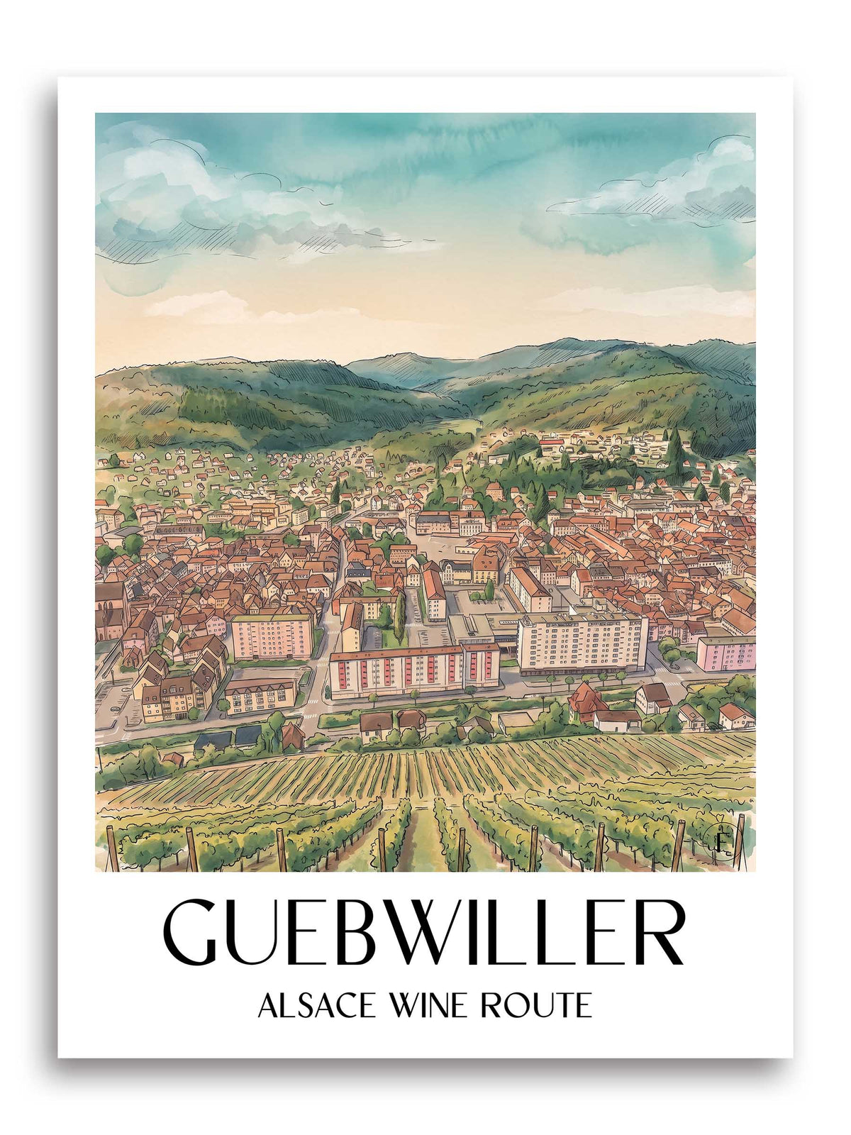 Guebwiller Poster - Route des Vins d'Alsace - Frankreich Kunstdruck - Aquarell von A4 bis A1