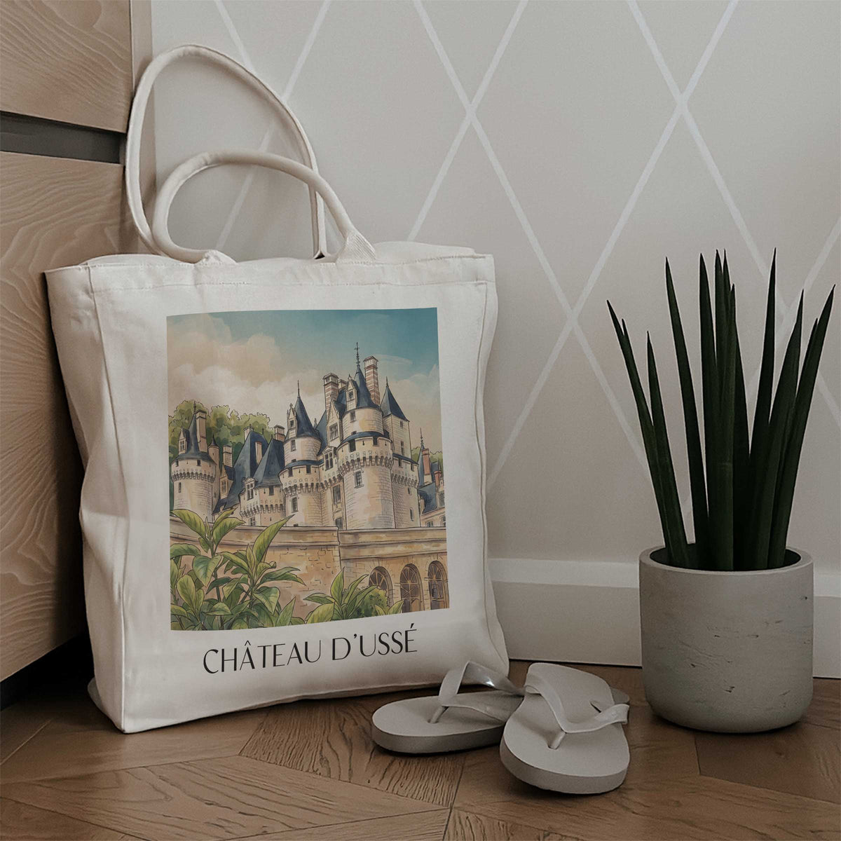 château-d'ussé-rigny-ussé-frankreich-einkaufstasche-aquarell