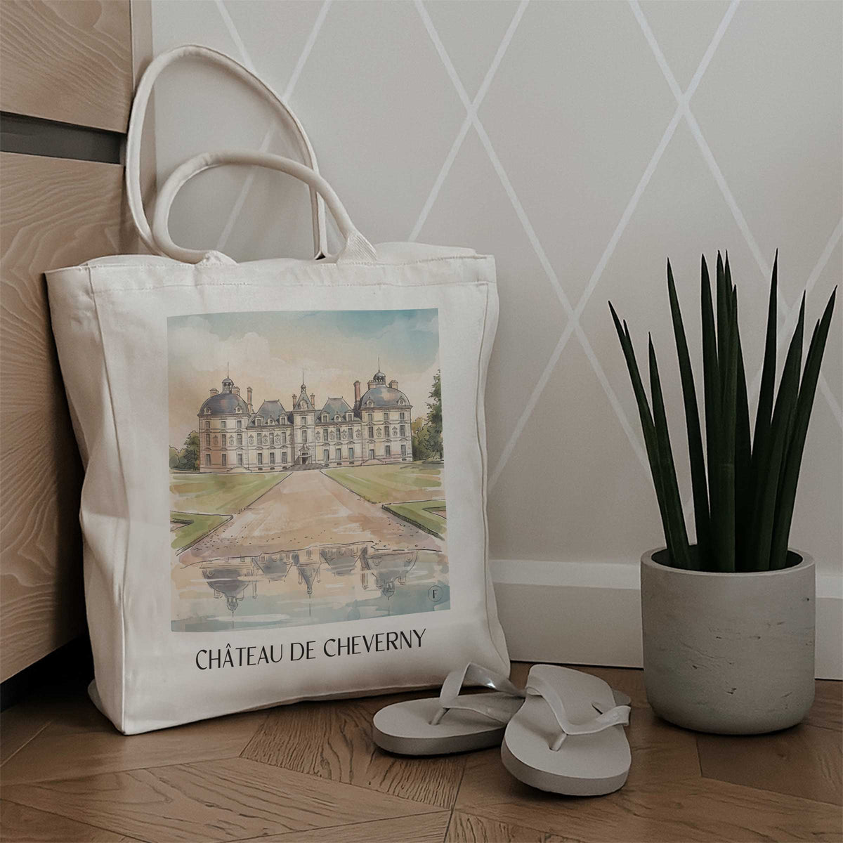 château-de-cheverny-val-de-loire-frankreich-einkaufstasche-aquarell