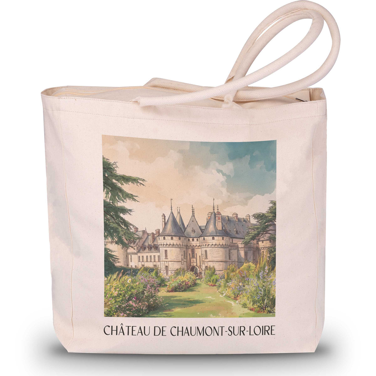 château-de-chaumont-sur-loire-val-de-loire-frankreich-einkaufstasche-aquarell