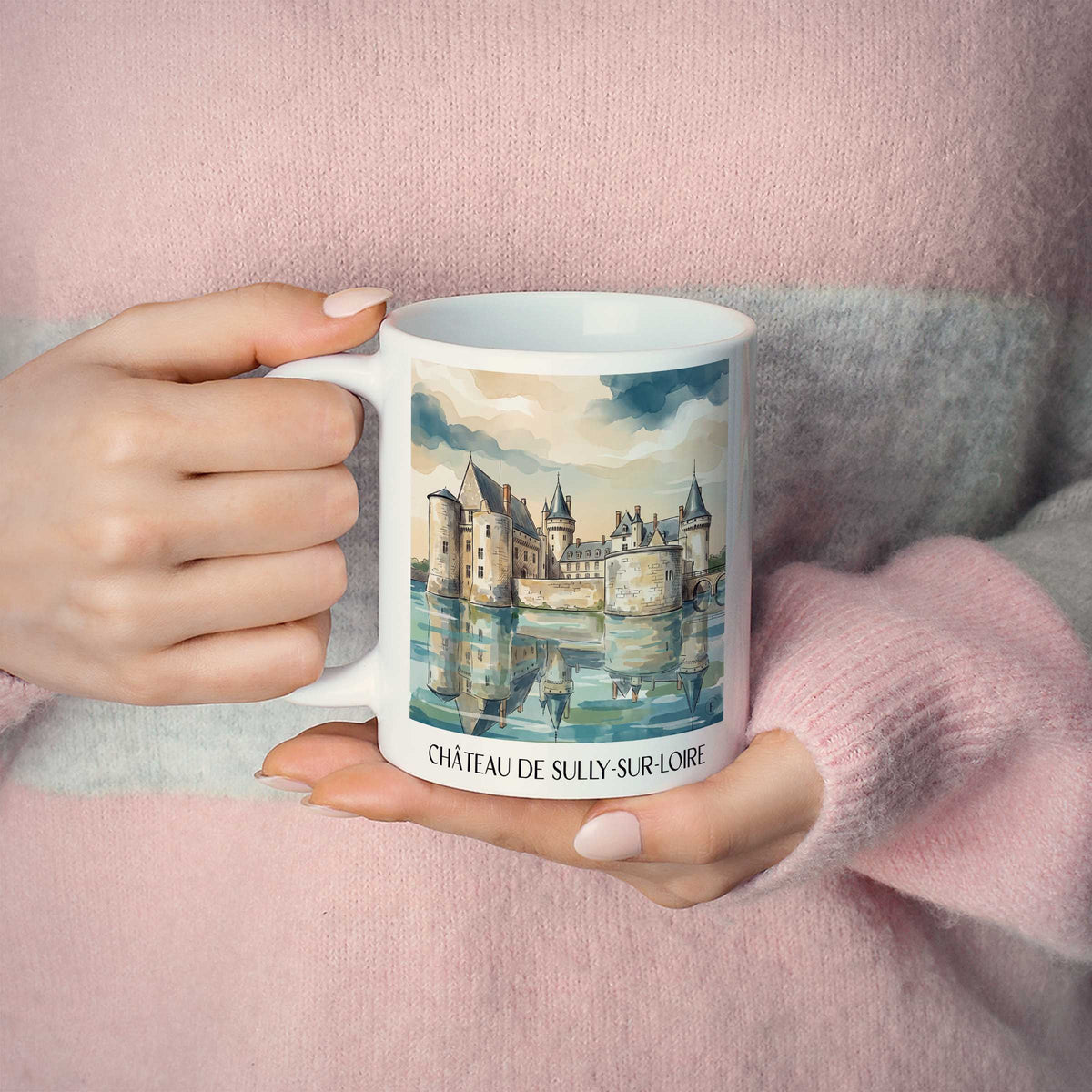 château-de-sully-sur-loire-val-de-loire-frankreich-kaffeebecher-aquarell