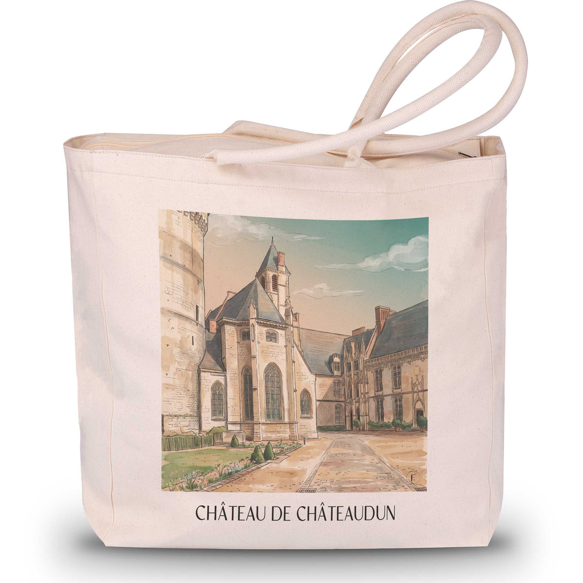 château-de-châteaudun-val-de-loire-frankreich-einkaufstasche-aquarell