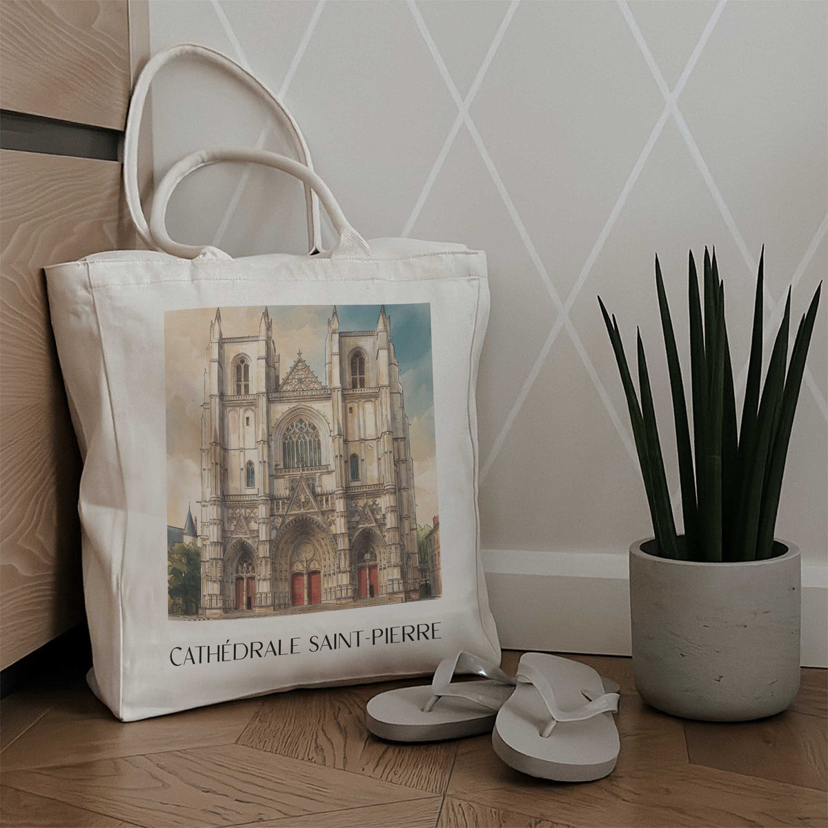 cathédrale-saint-pierre-nantes-frankreich-einkaufstasche-aquarell