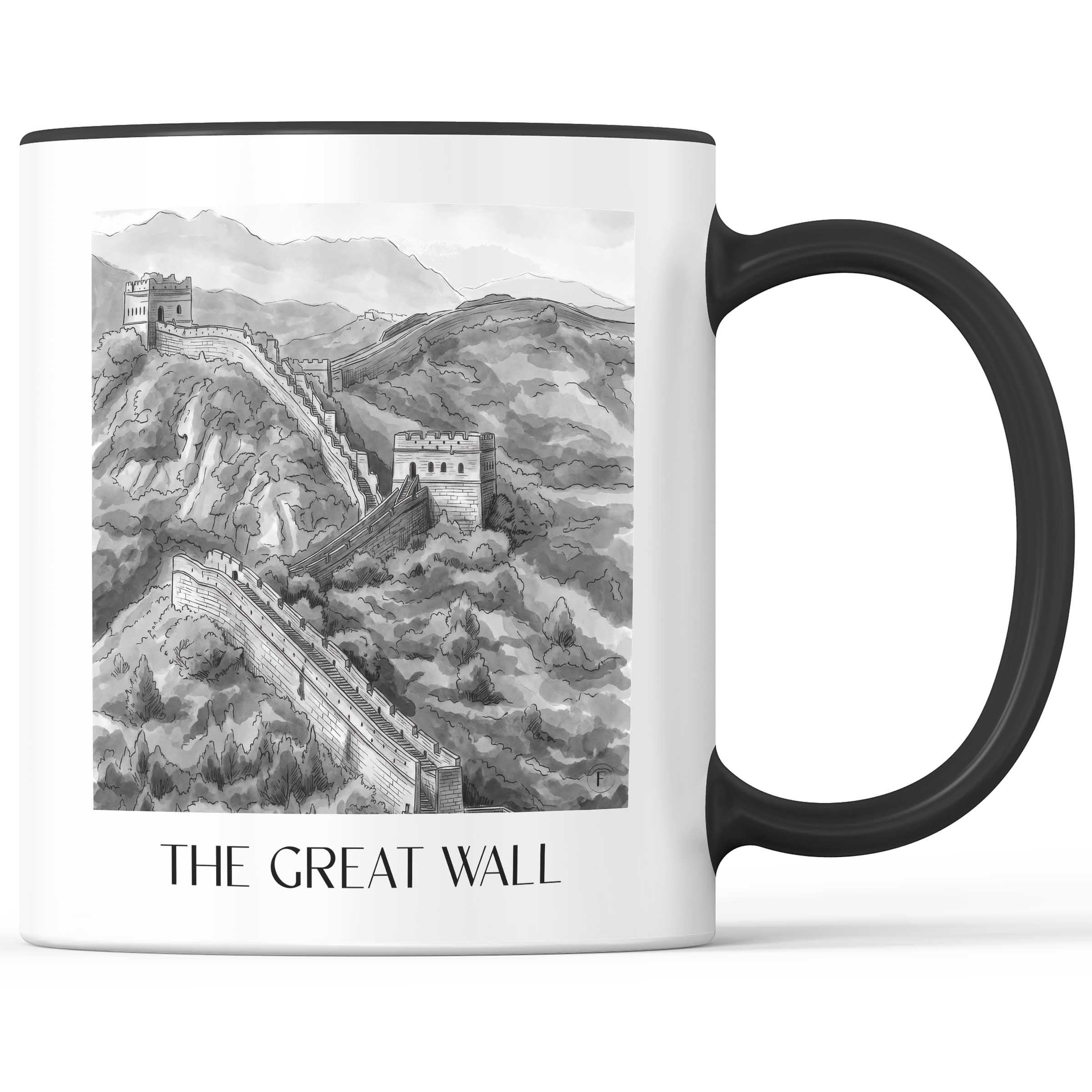 die große Mauer - China Becher - Kaffeetasse im Aquarell Schwarz-Weiß Stil - favplace