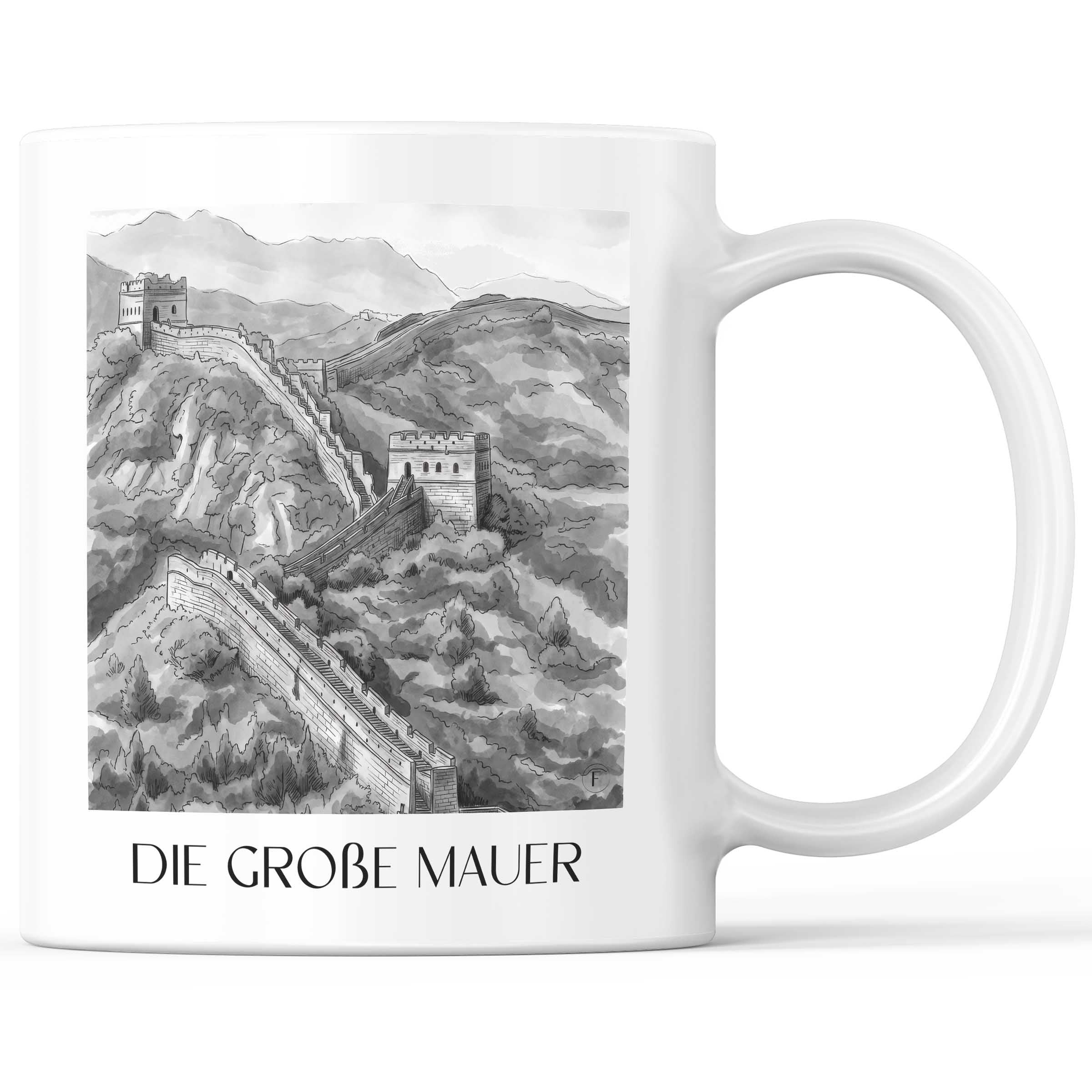 die große Mauer - China Becher - Kaffeetasse im Aquarell Schwarz-Weiß Stil - favplace