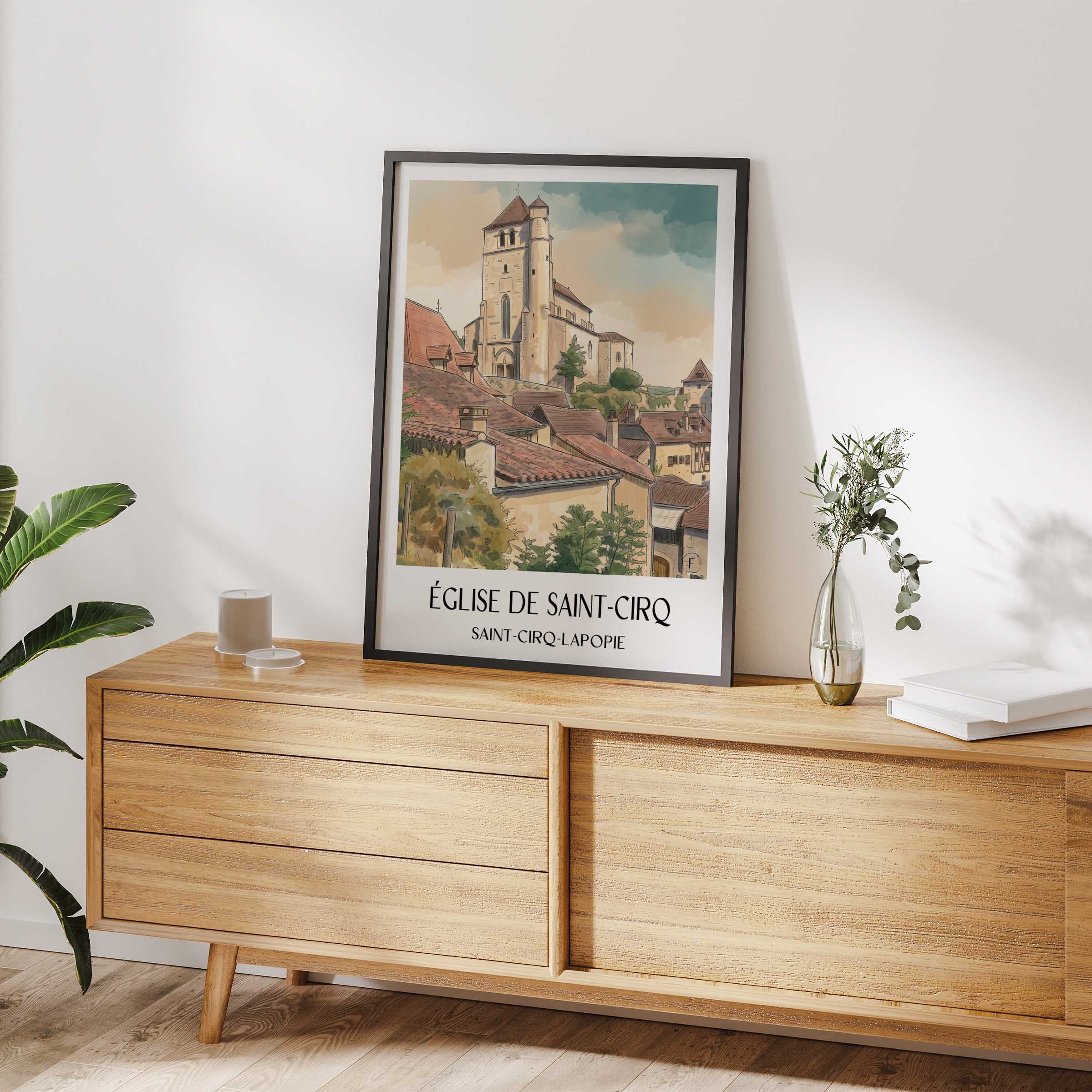 église-de-saint-cirq-saint-cirq-lapopie-frankreich-poster-aquarell