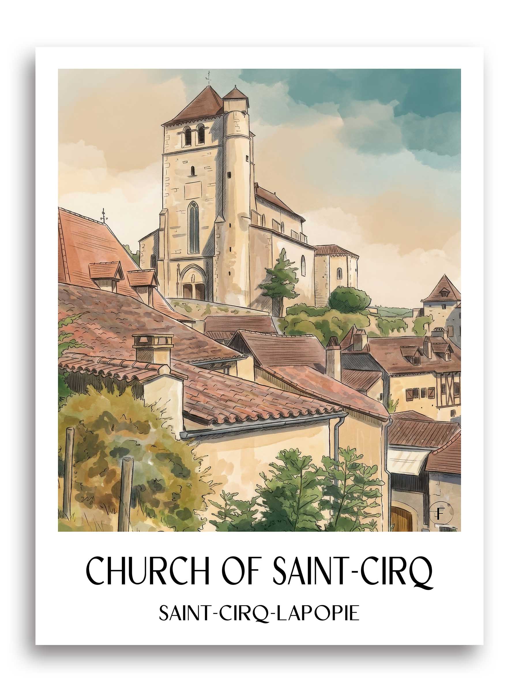 Église de Saint-Cirq Poster - Saint-Cirq-Lapopie - Frankreich Kunstdruck - Aquarell von A4 bis A1 - favplace