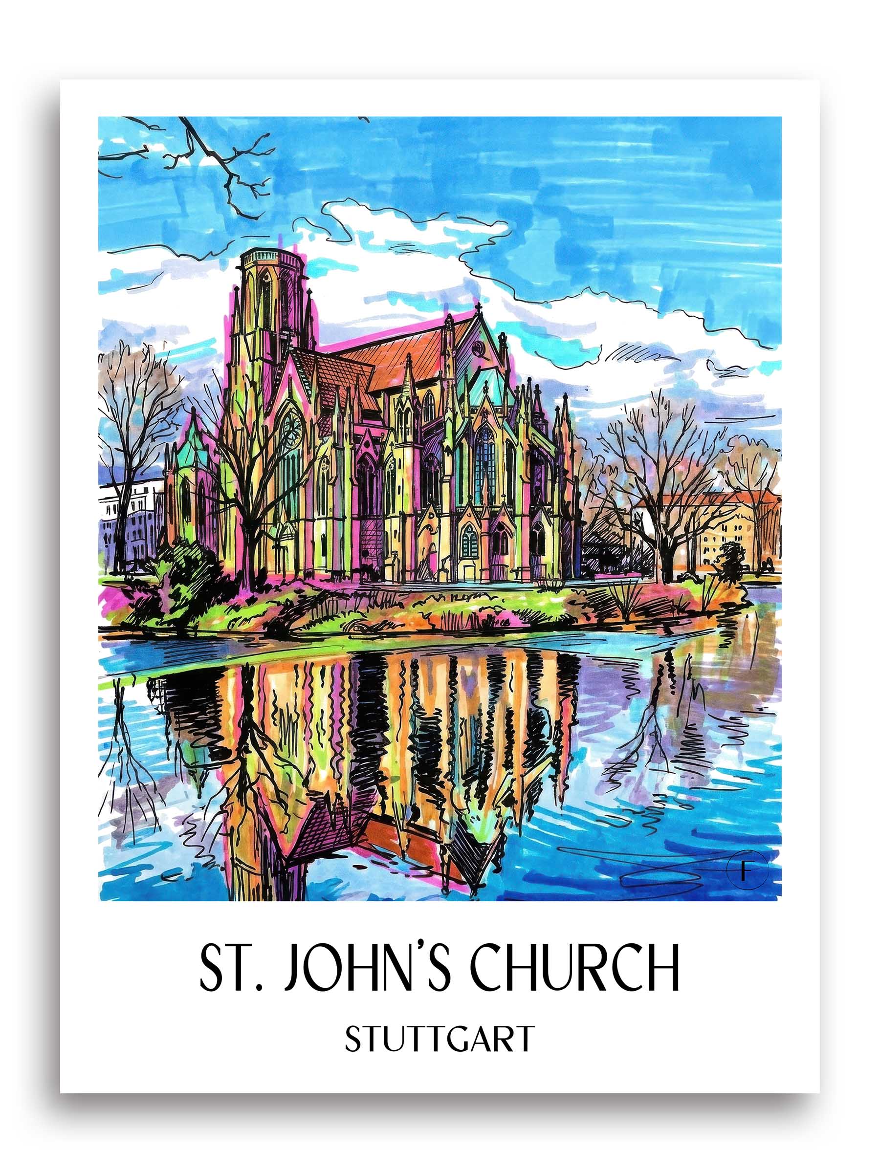 Johanneskirche Poster - Stuttgart - Deutschland Kunstdruck - Tag Graffiti von A4 bis A1