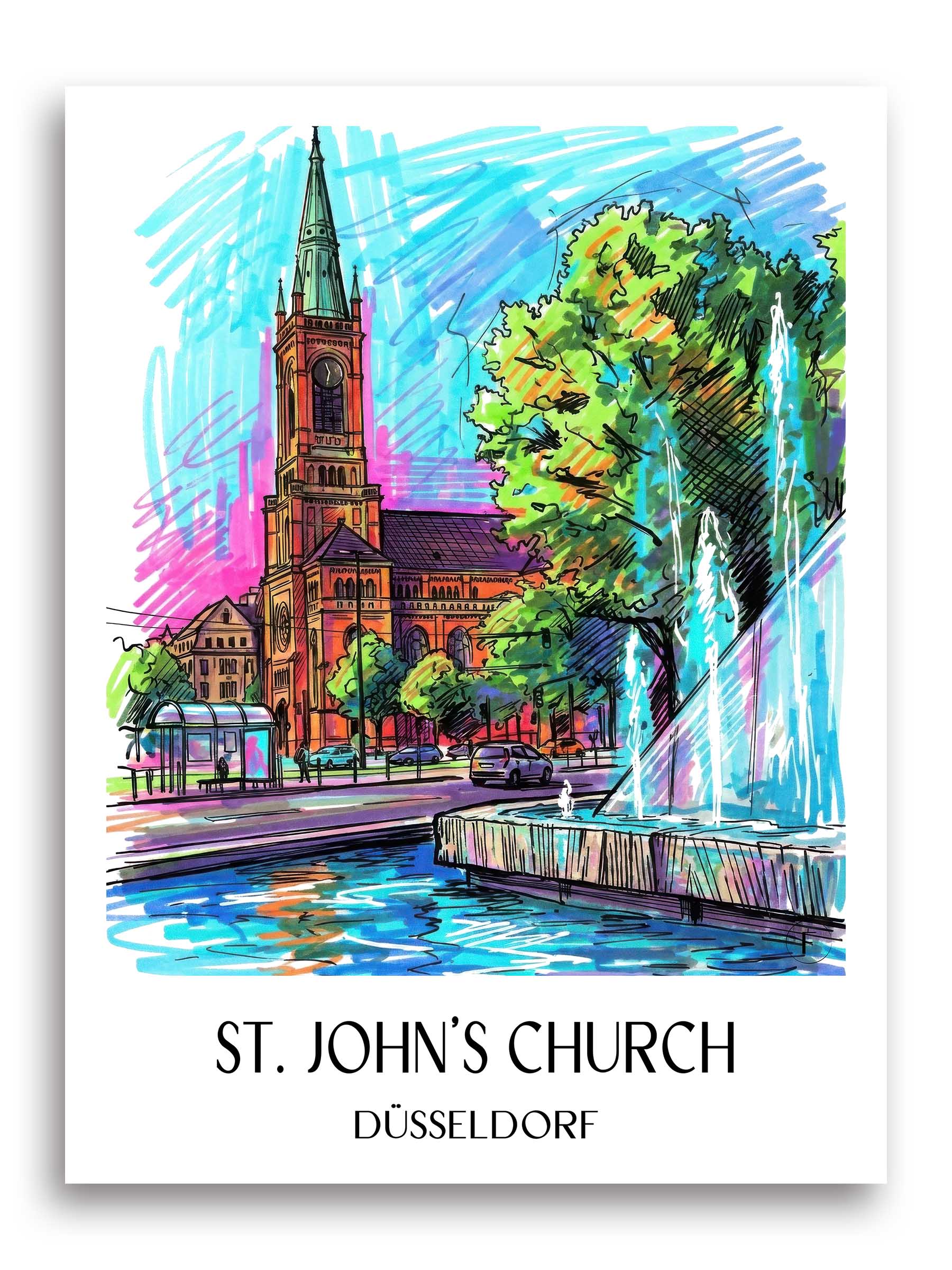 Johanneskirche Poster - Düsseldorf - Deutschland Kunstdruck - Tag Graffiti von A4 bis A1
