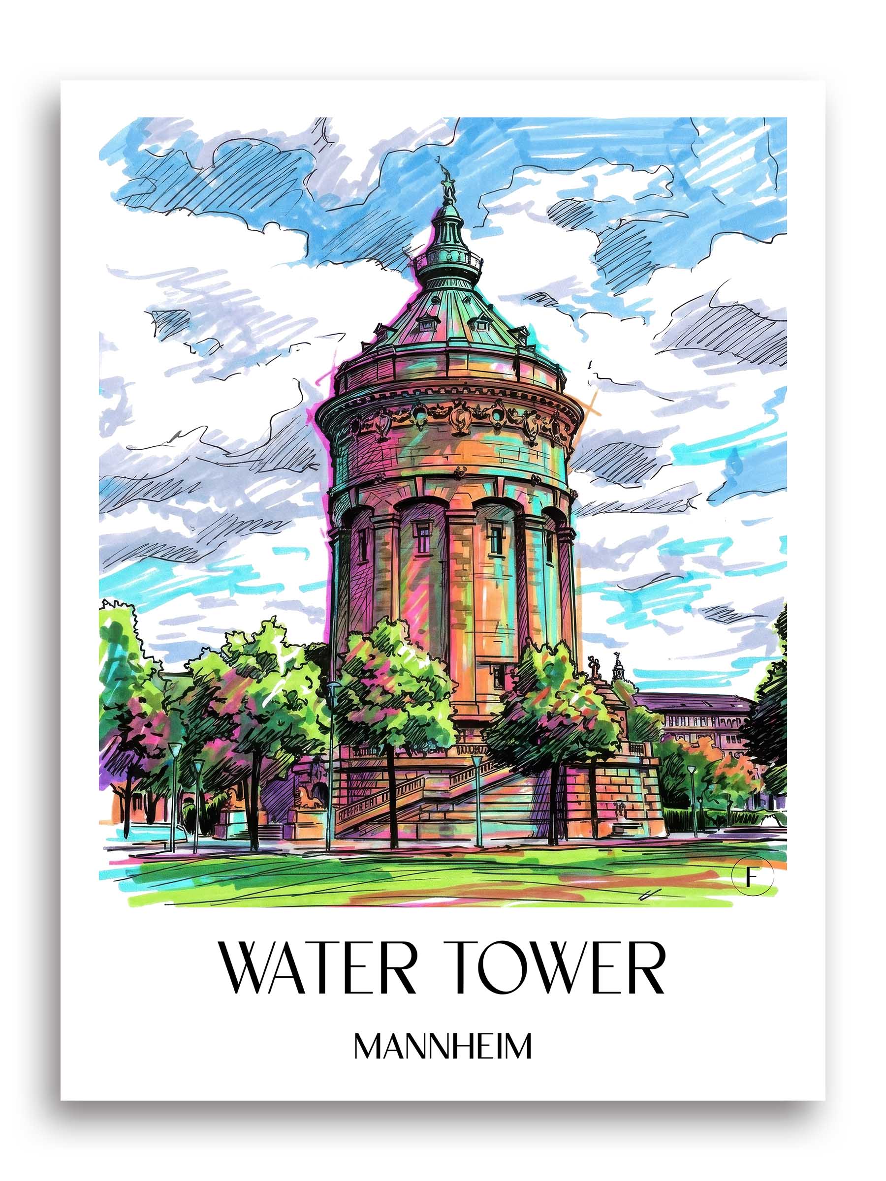 Wasserturm Poster - Mannheim - Deutschland Kunstdruck - Tag Graffiti von A4 bis A1