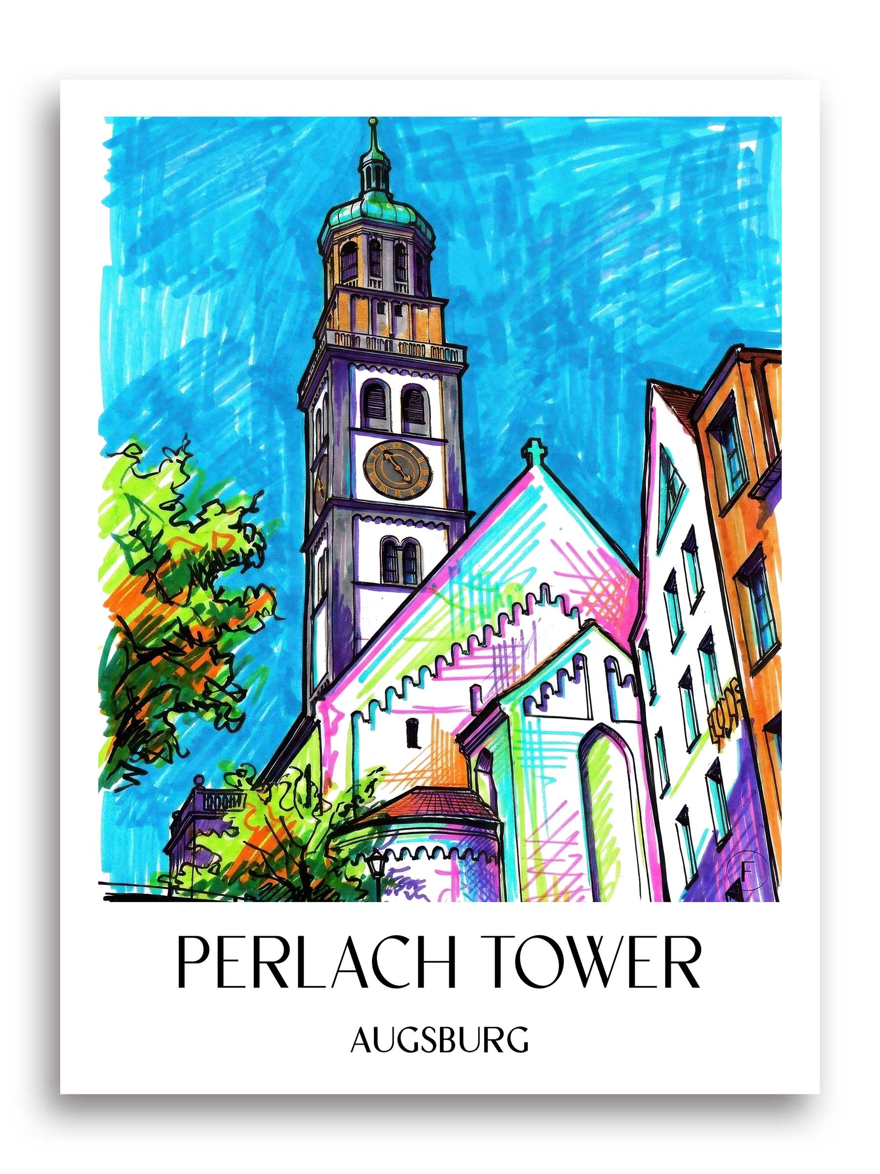 Perlachturm Poster - Augsburg - Deutschland Kunstdruck - Tag Graffiti von A4 bis A1