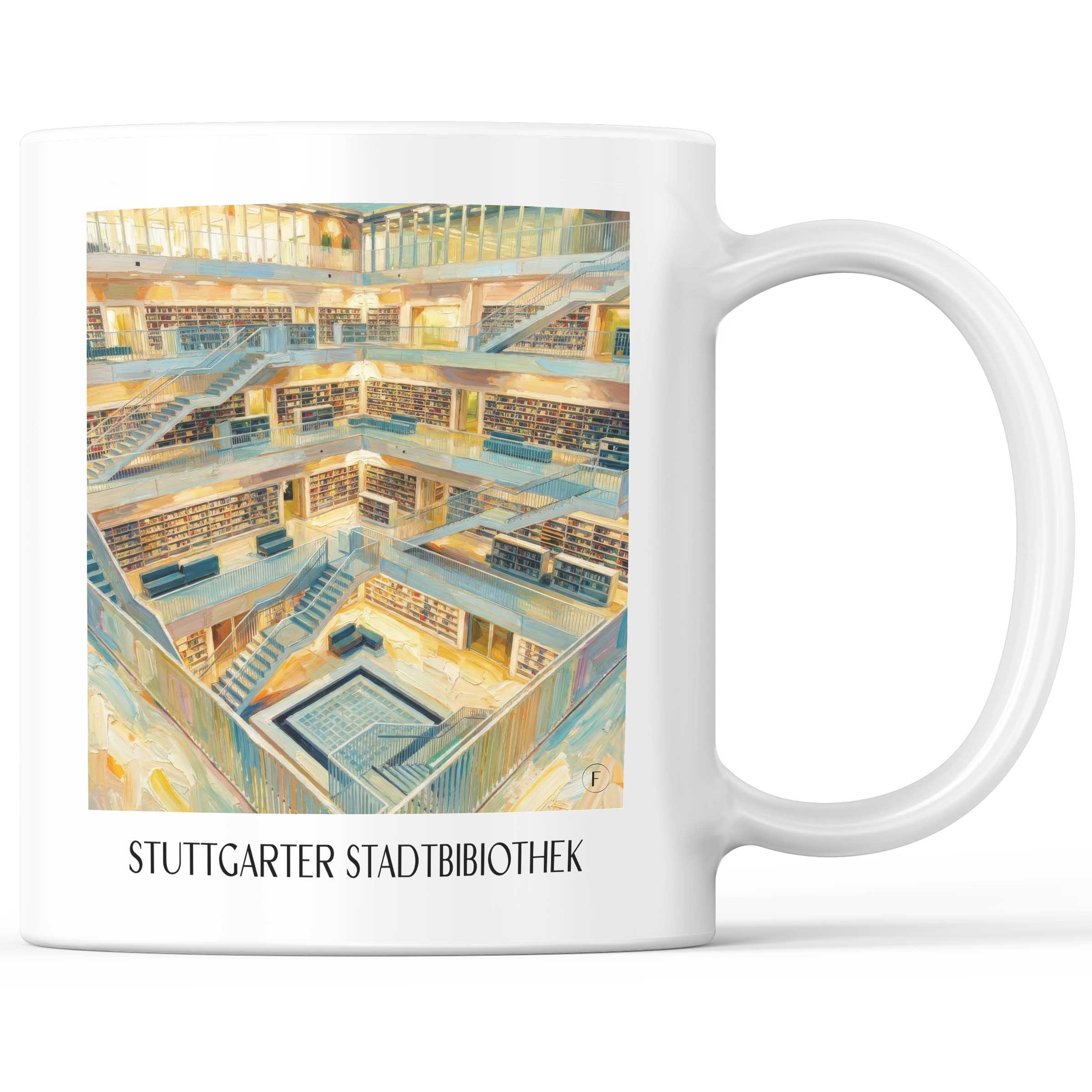 Stadtbibiothek Kaffeebecher - Stuttgart - Deutschland Becher - Kaffeetasse im Ölgemälde Stil