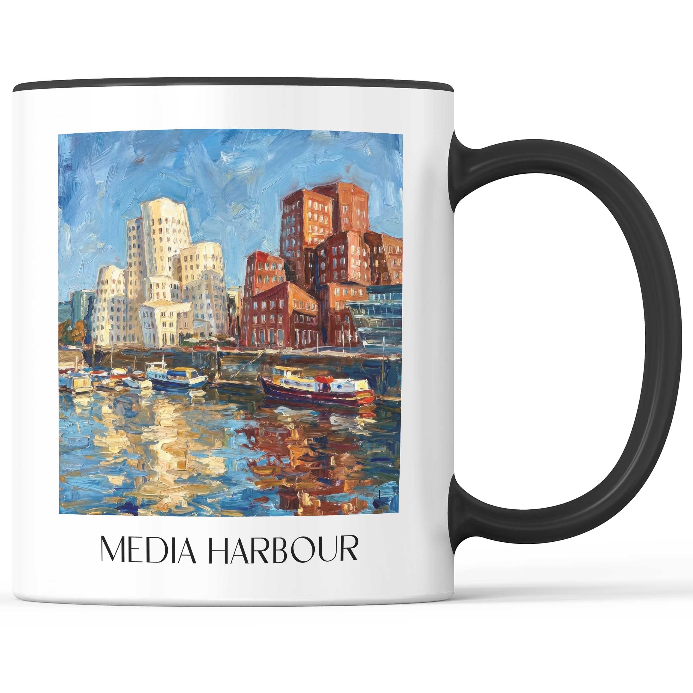 Medienhafen Kaffeebecher - Düsseldorf - Deutschland Becher - Kaffeetasse im Ölgemälde Stil