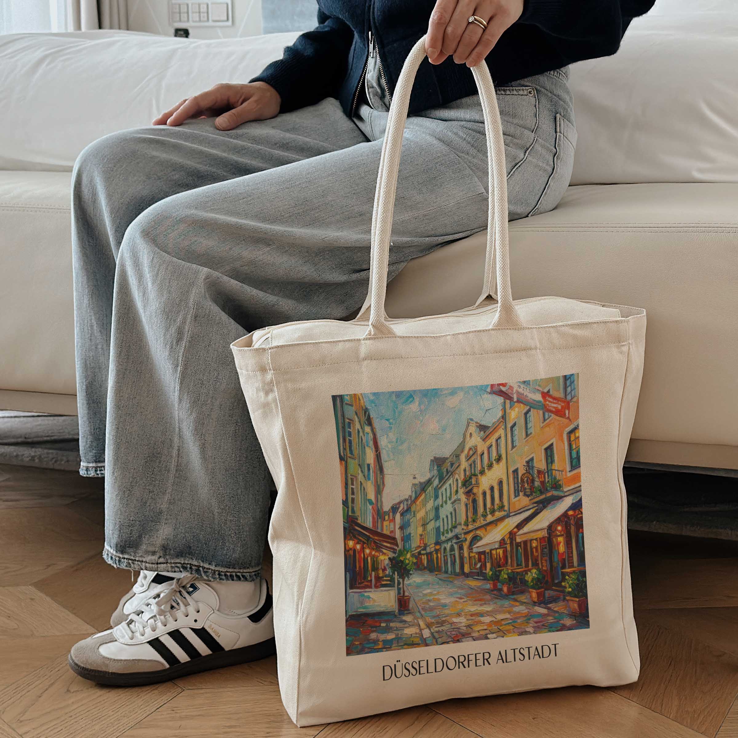 altstadt-düsseldorf-deutschland-einkaufstasche-oil-painting-oelgemaelde