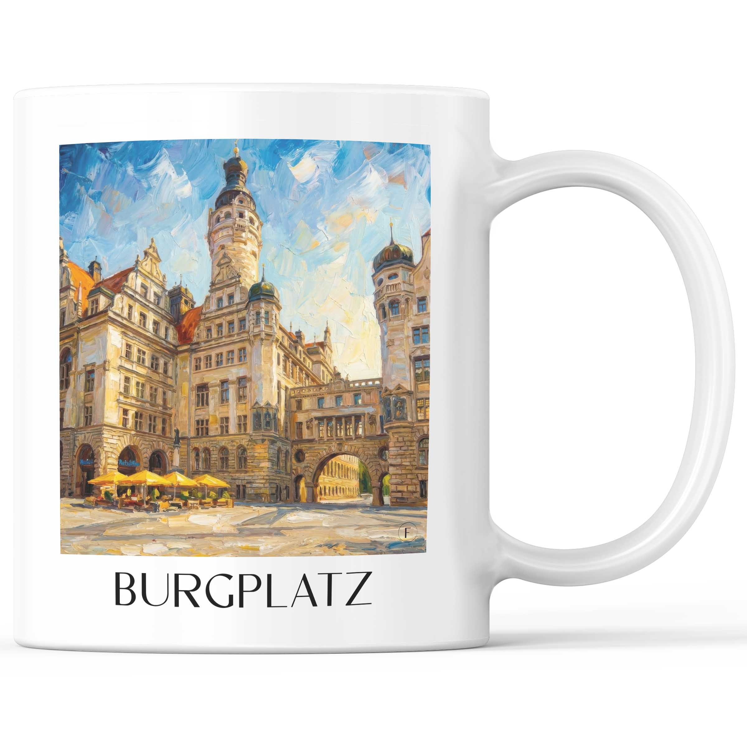Burgplatz Kaffeebecher - Leipzig - Deutschland Becher - Kaffeetasse im Ölgemälde Stil