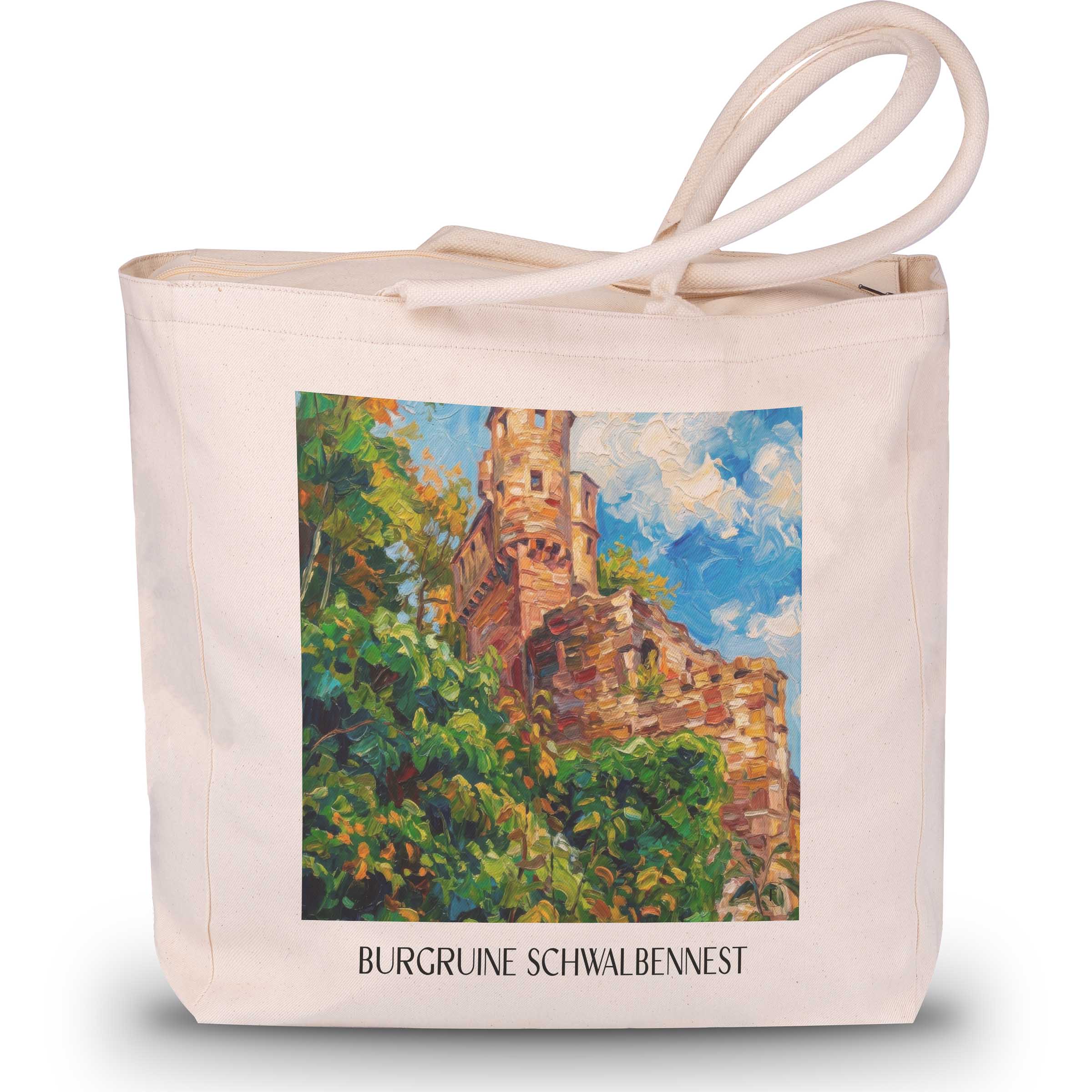 burgruine-schwalbennest-neckarsteinnach-deutschland-einkaufstasche-oil-painting-oelgemaelde