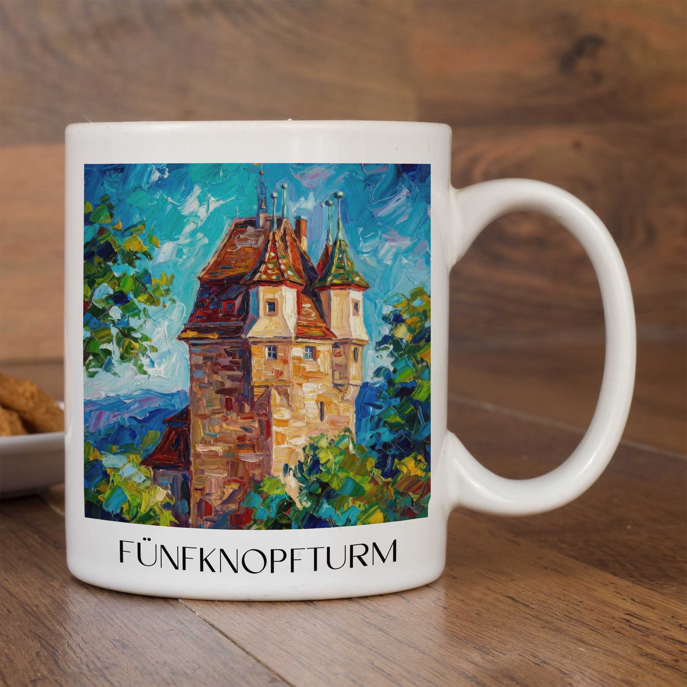 fünfknopfturm-schwäbisch-gmünd-deutschland-kaffeebecher-oil-painting-oelgemaelde