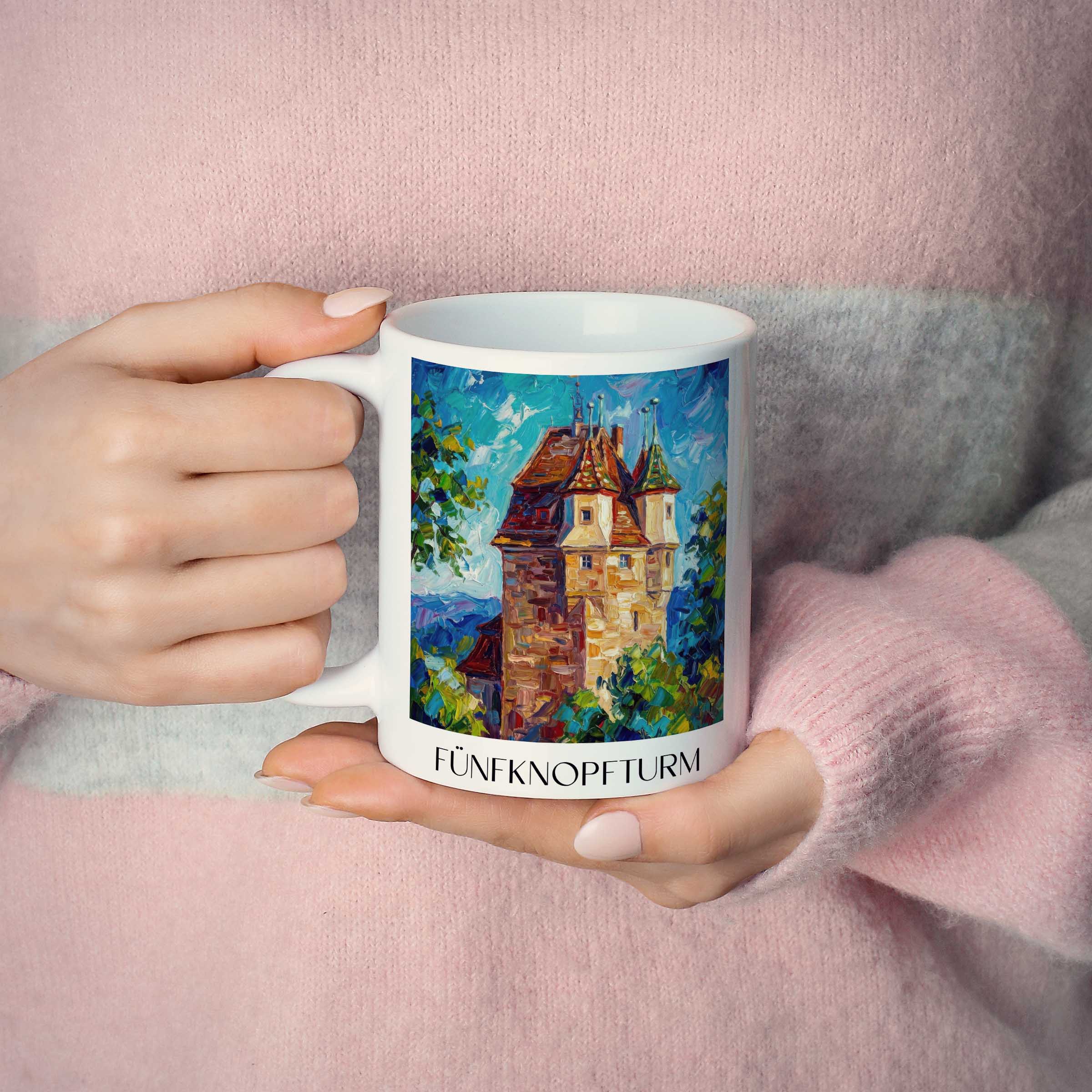 fünfknopfturm-schwäbisch-gmünd-deutschland-kaffeebecher-oil-painting-oelgemaelde