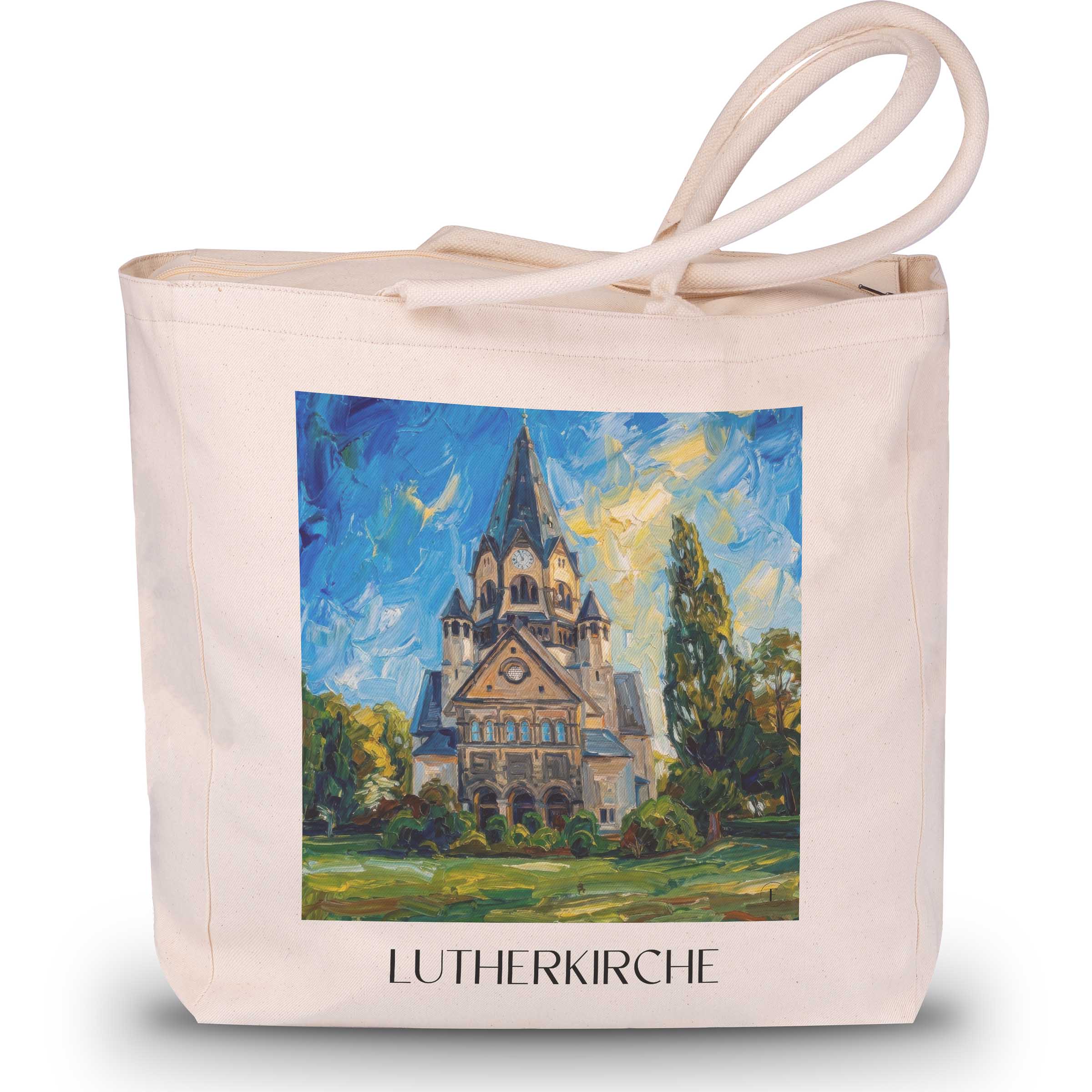 lutherkirche-chemnitz-deutschland-einkaufstasche-oil-painting-oelgemaelde