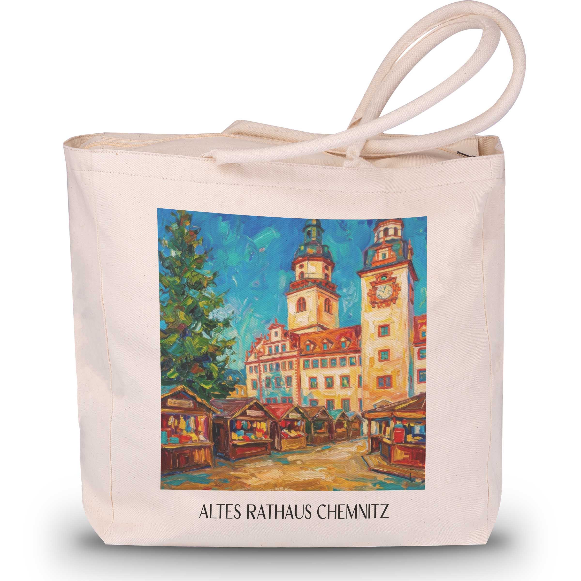 altes-rathaus-chemnitz-deutschland-einkaufstasche-oil-painting-oelgemaelde