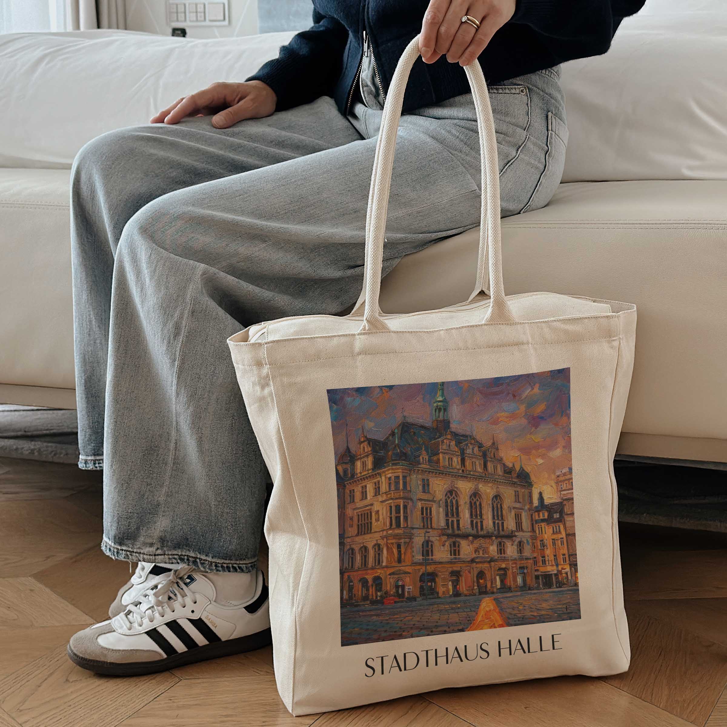 stadthaus-halle-deutschland-einkaufstasche-oil-painting-oelgemaelde