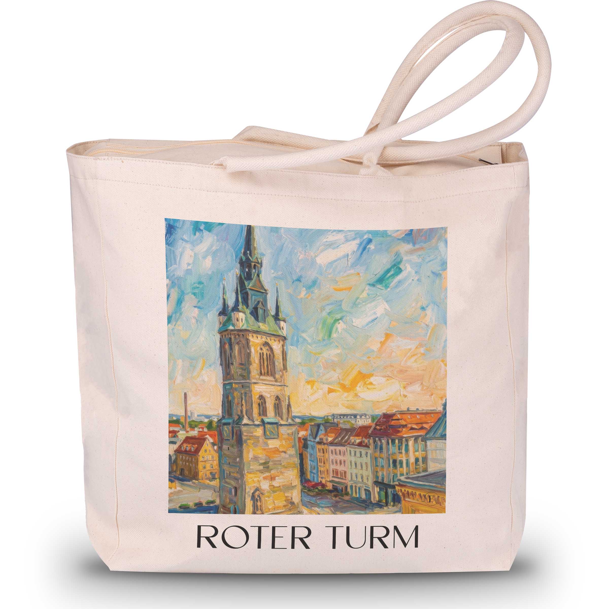 roter-turm-halle-deutschland-einkaufstasche-oil-painting-oelgemaelde