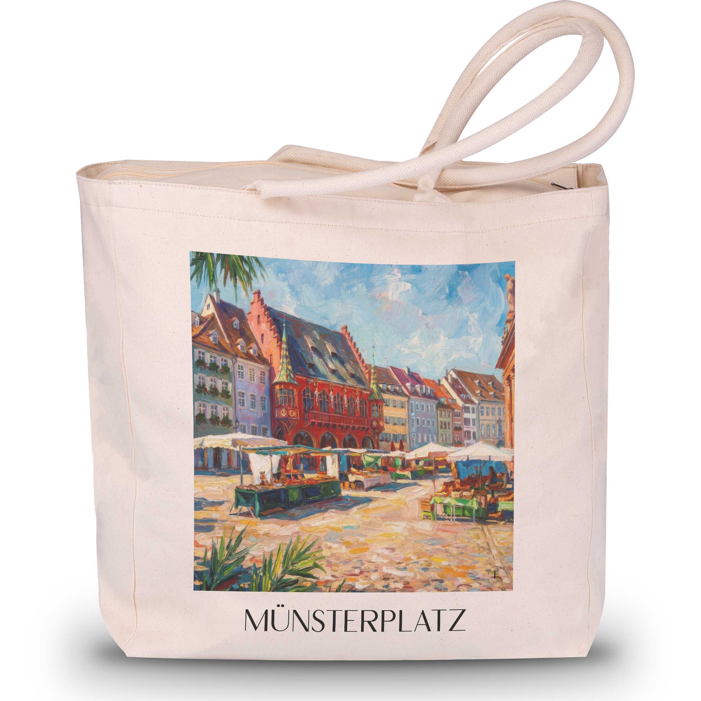 Münsterplatz Shopping Tasche - Freiburg - Deutschland Tote Bag - Einkaufstasche im Ölgemälde Stil