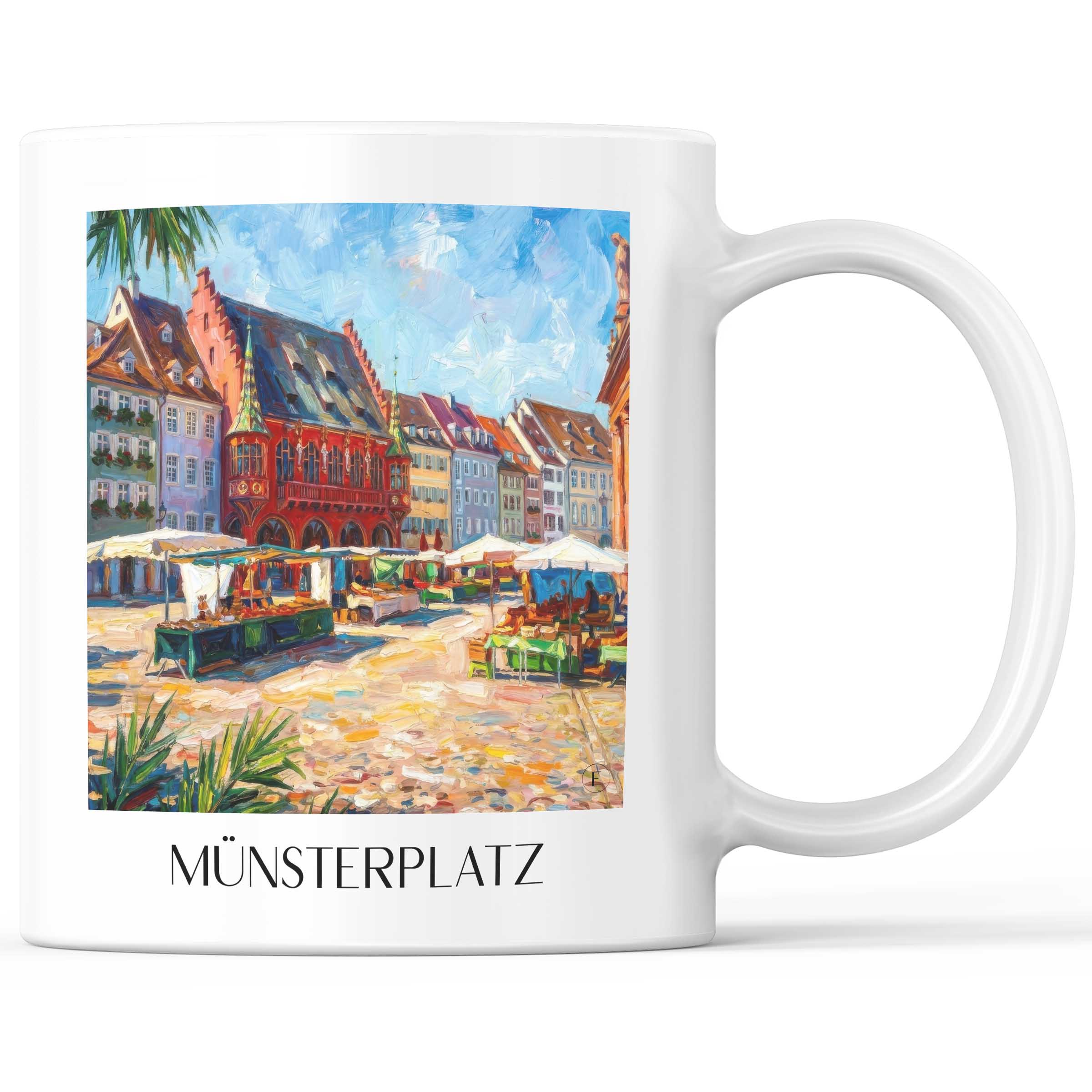 Münsterplatz Kaffeebecher - Freiburg - Deutschland Becher - Kaffeetasse im Ölgemälde Stil
