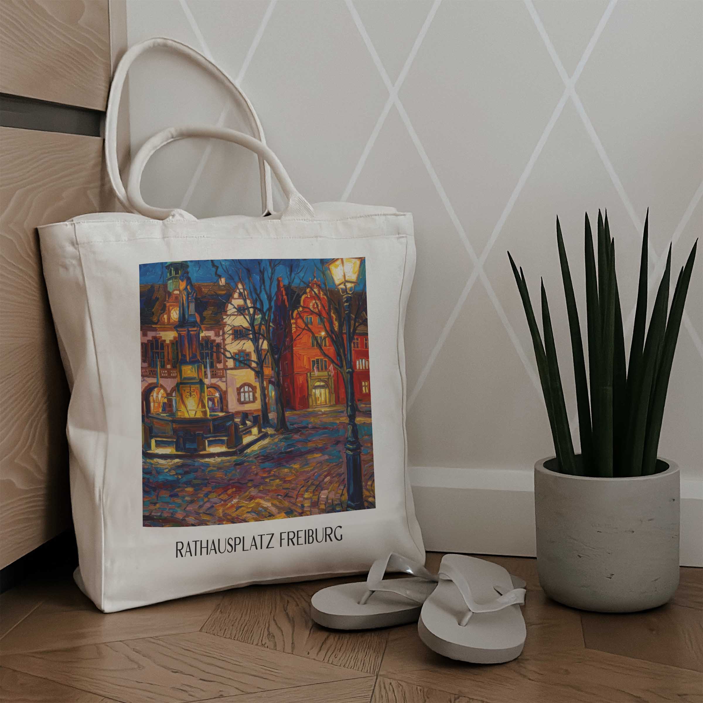 rathausplatz-freiburg-deutschland-einkaufstasche-oil-painting-oelgemaelde