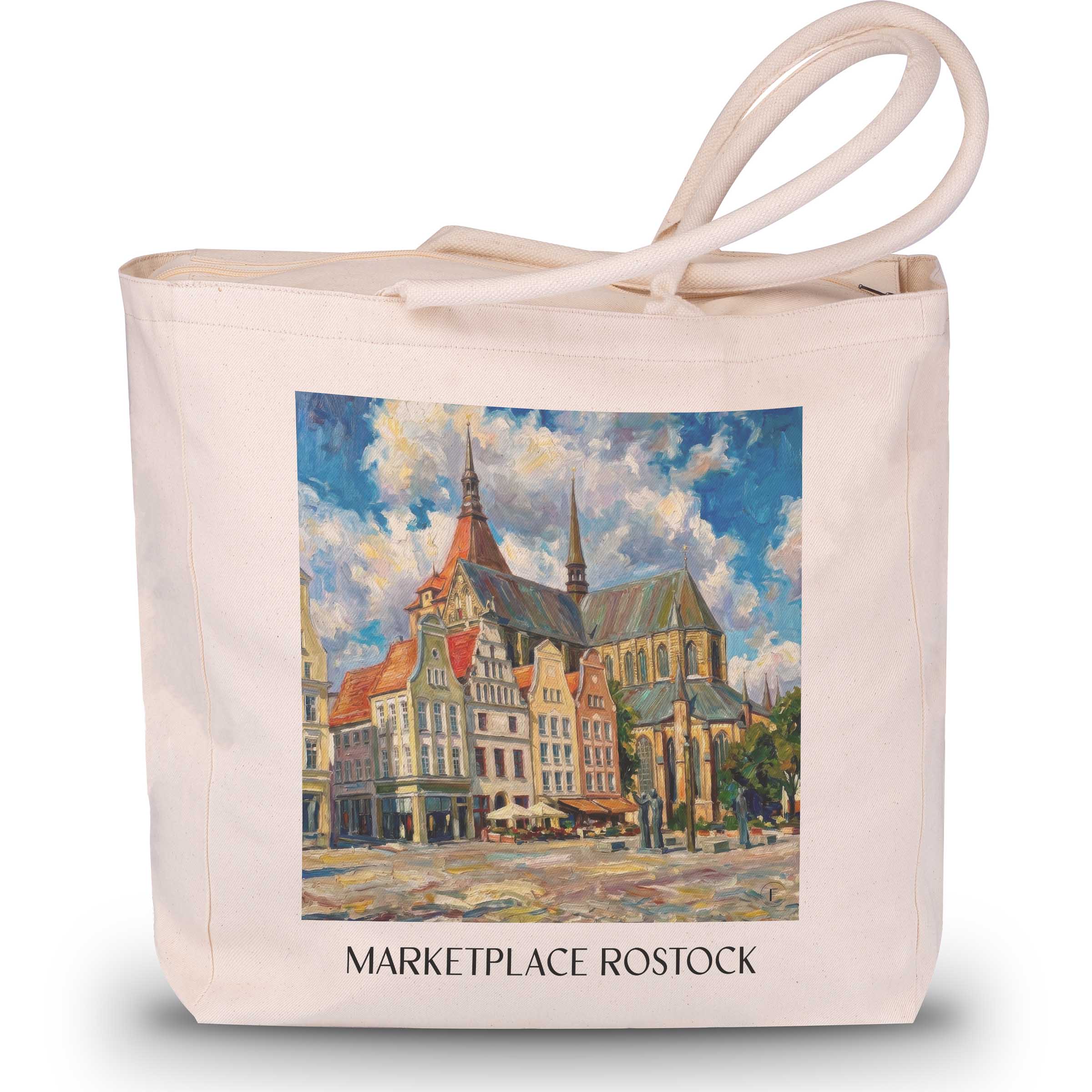 Marktplatz Shopping Tasche - Rostock - Deutschland Tote Bag - Einkaufstasche im Ölgemälde Stil