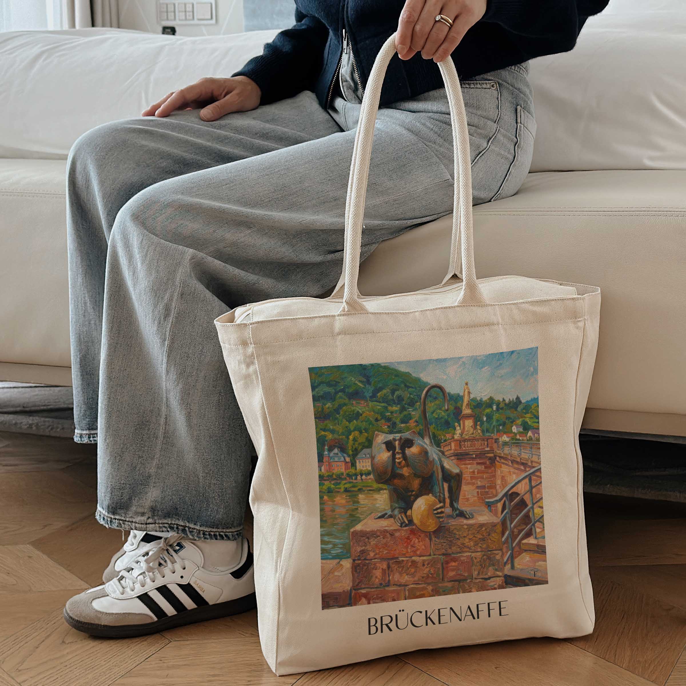 brückenaffe-heidelberg-deutschland-einkaufstasche-oil-painting-oelgemaelde