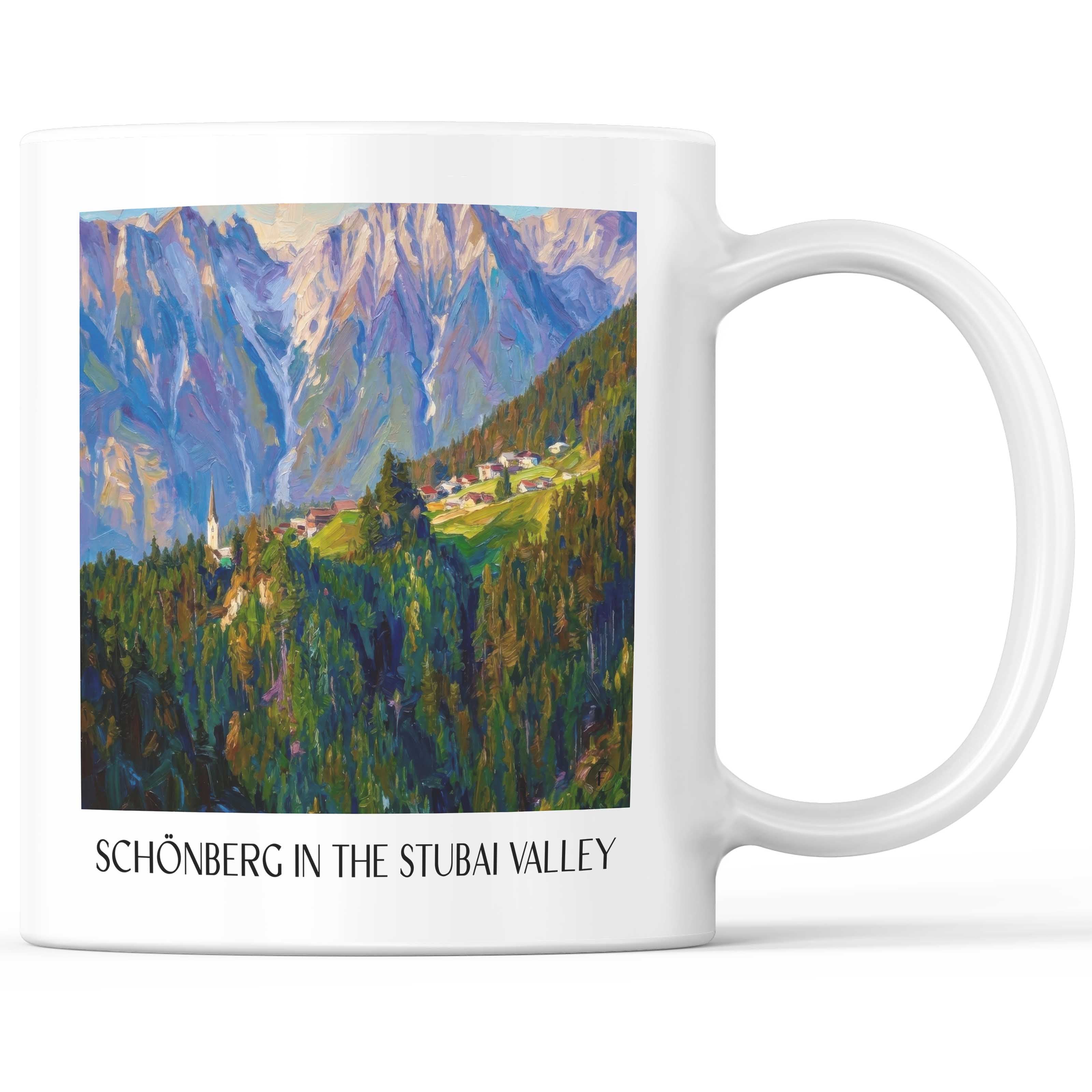 Schönberg im Stubaital Kaffeebecher - Österreich - Österreich Becher - Kaffeetasse im Ölgemälde Stil