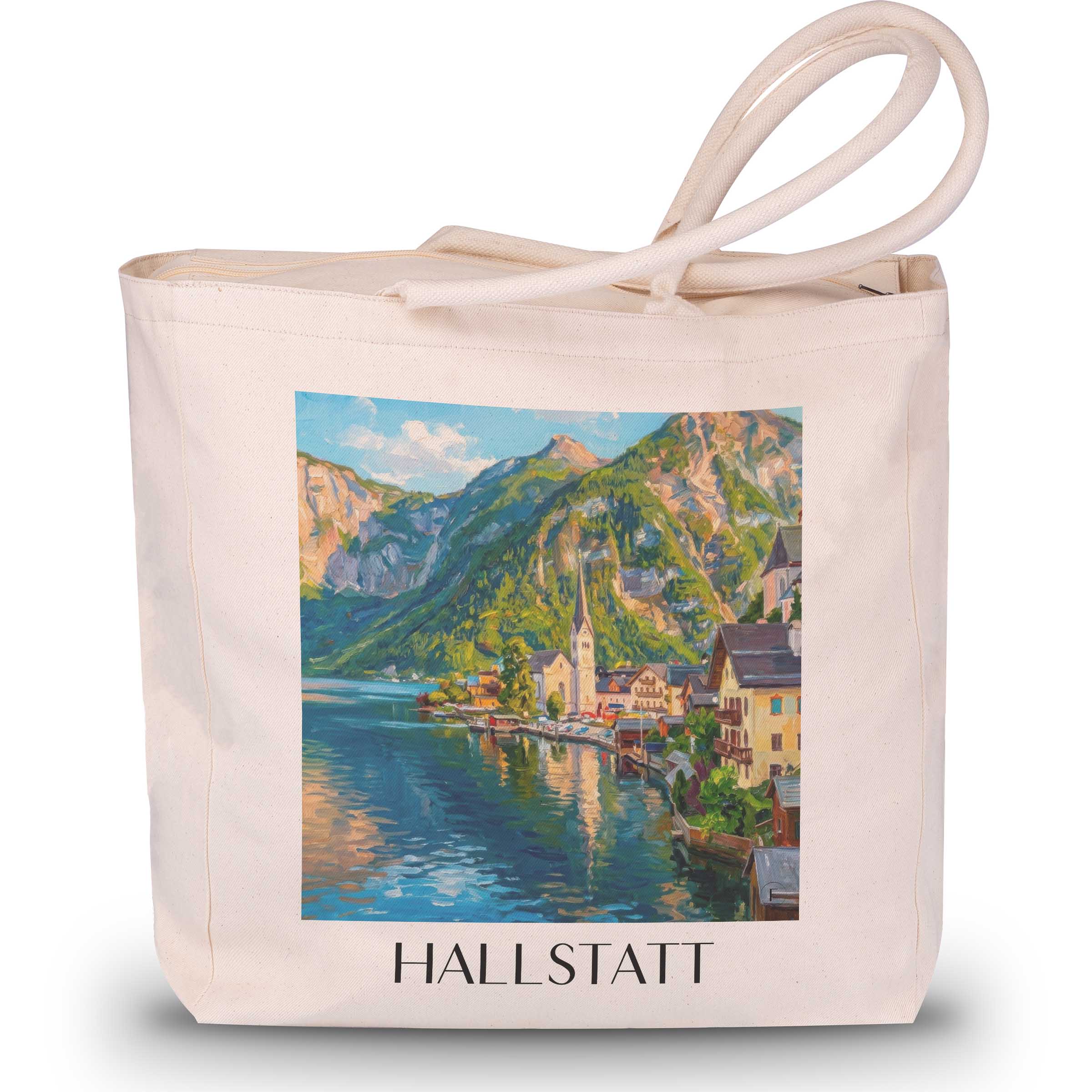 Hallstatt Shopping Tasche - Österreich - Österreich Tote Bag - Einkaufstasche im Ölgemälde Stil