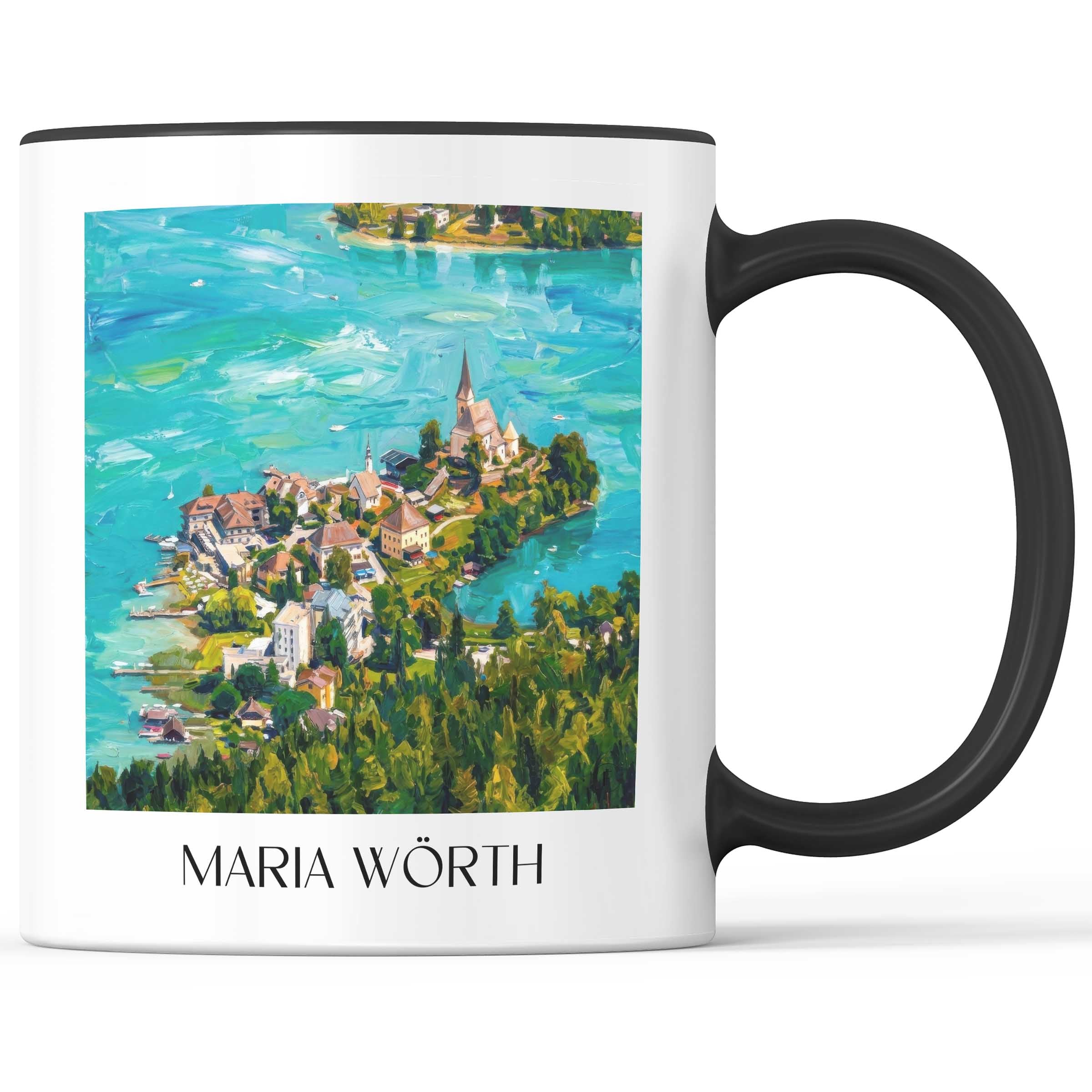 Maria Wörth Kaffeebecher - Österreich - Österreich Becher - Kaffeetasse im Ölgemälde Stil