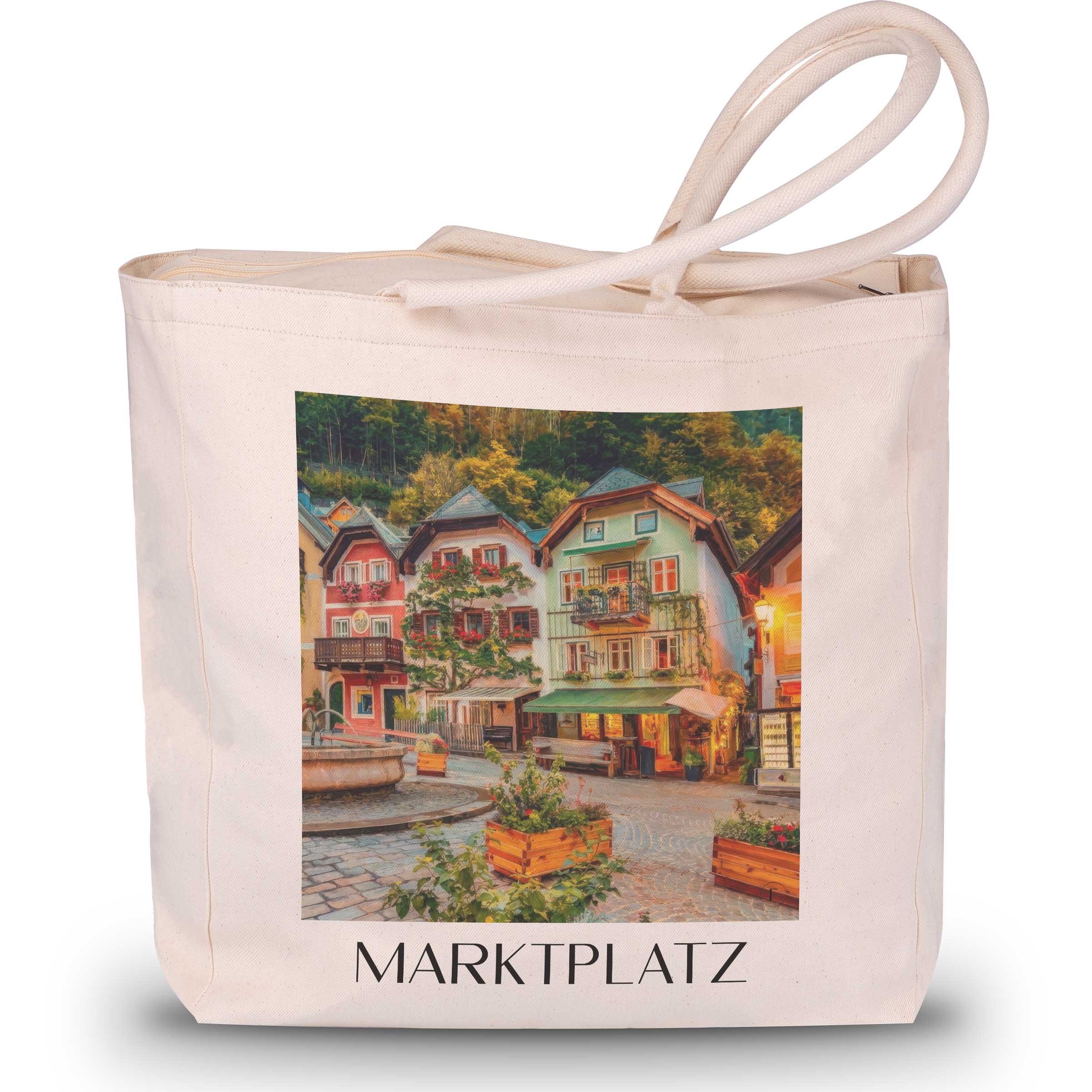 marktplatz-hallstatt-österreich-einkaufstasche-oil-painting-oelgemaelde